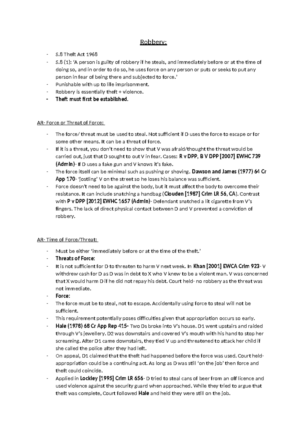 Robbery and Burglary: Property Offences Notes (Law 101) - Studocu