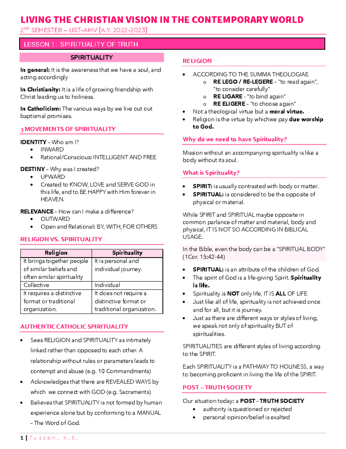 THY 4 UNIT 1 Lessons 1-3: Spirituality and Truth Concepts - Studocu