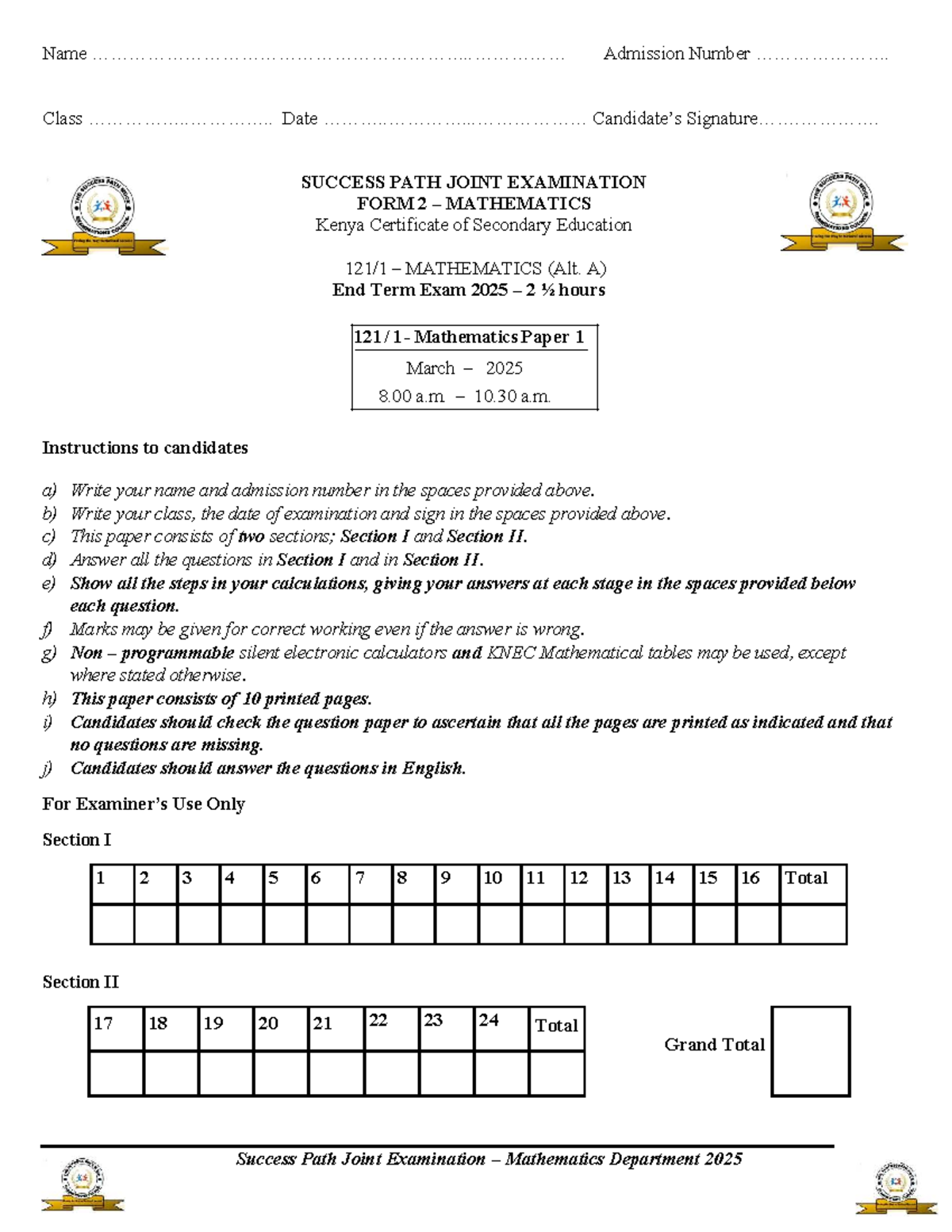 Maths FORM 2 ET1 - Quality paper - Success Path Joint Examination ...