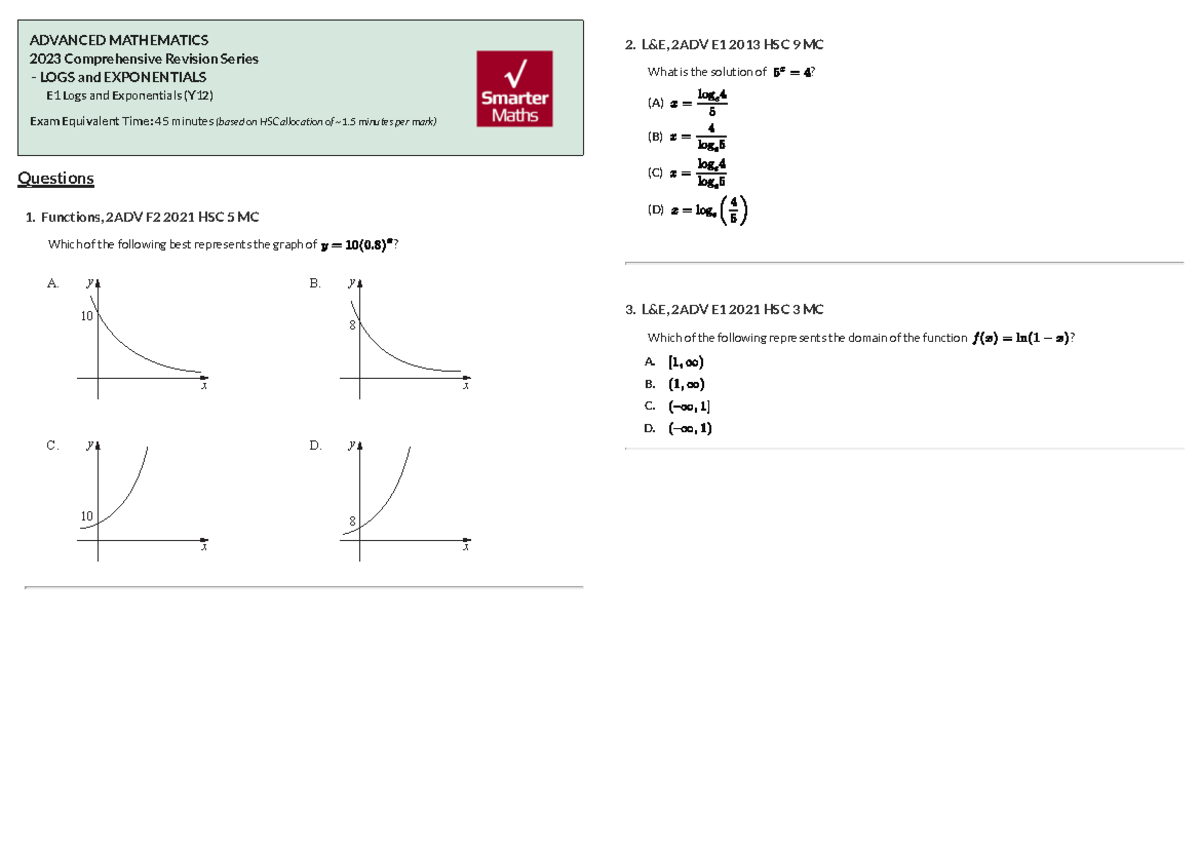 ADVANCED MATHEMATICS 2023 Logs and Exponentials Practice Questions ...