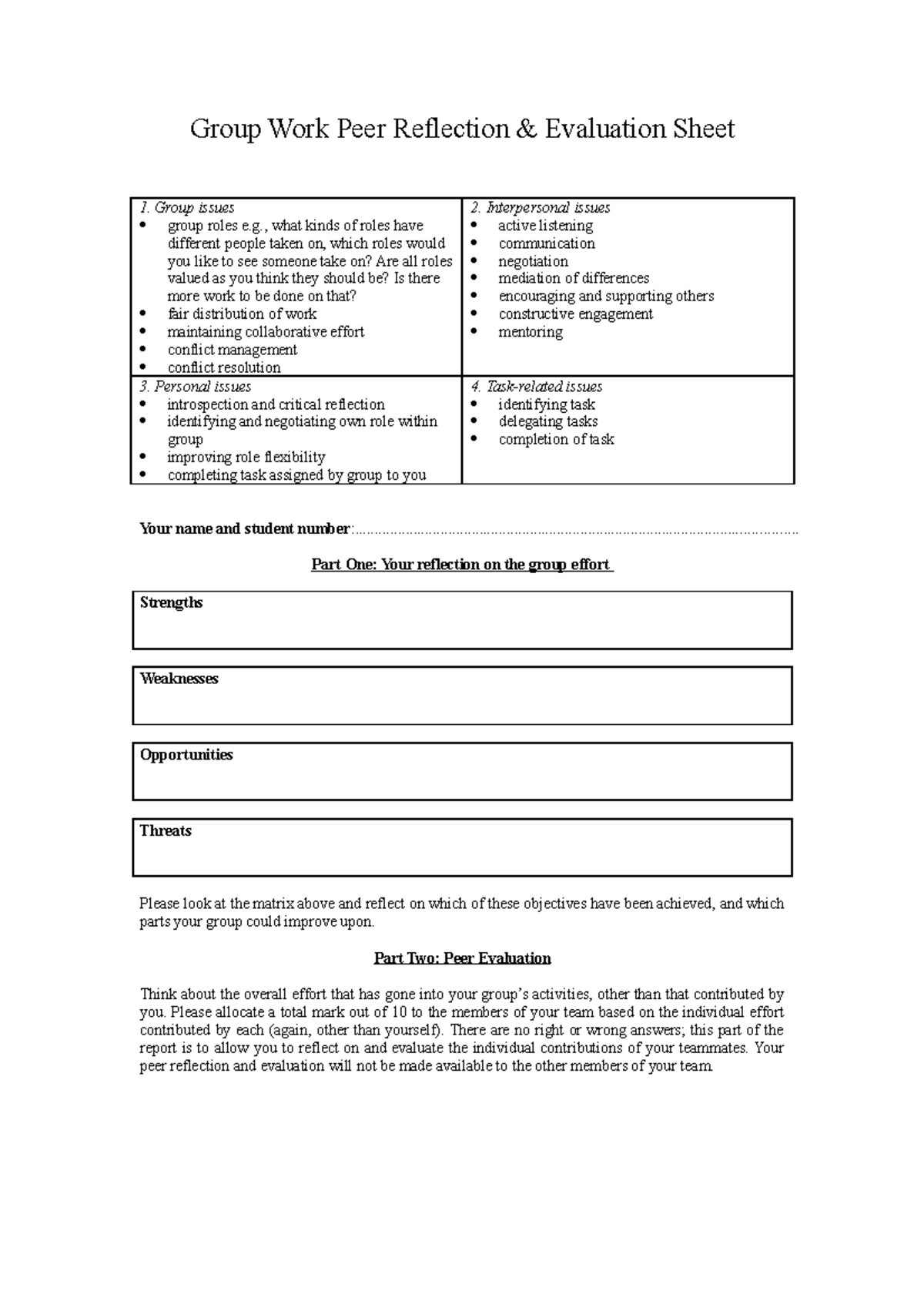 Group Work Peer Reflection and Evaluation Sheet - Group issues group ...