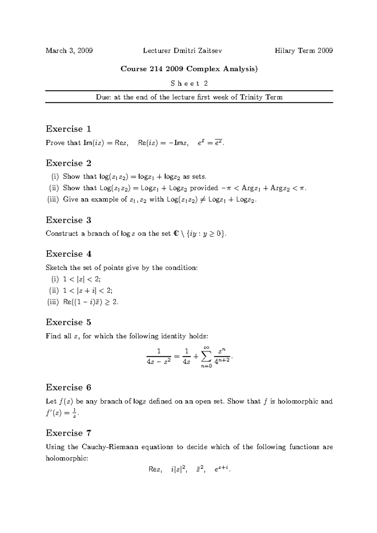 Complex Analysis Course 214: Hilary Term 2009 Lecture Notes - Studocu