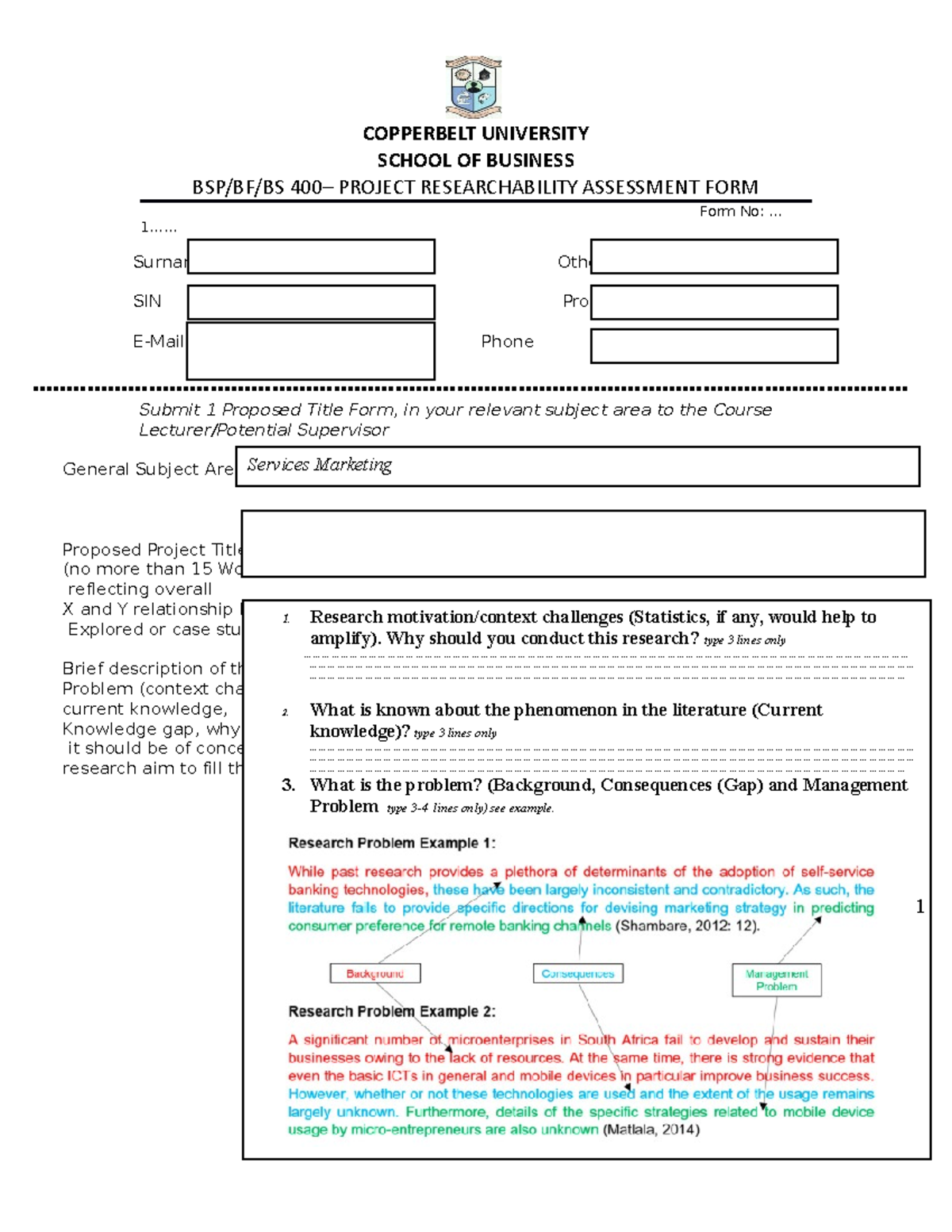 Researchability FORM Template - SCHOOL OF BUSINESS BSP/BF/BS 400 ...