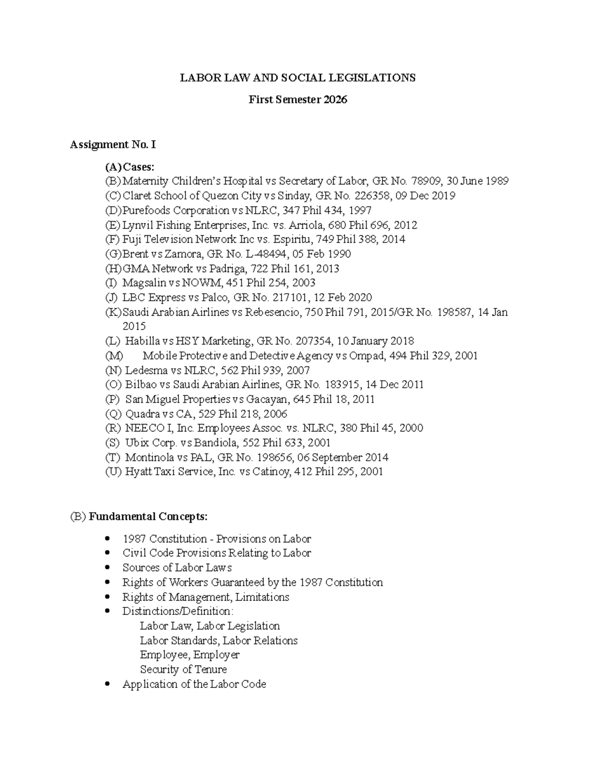 LABOR LAW 1ST SEM 2026 ASSIGNMENT: LABOR CASES ANALYSIS - Studocu