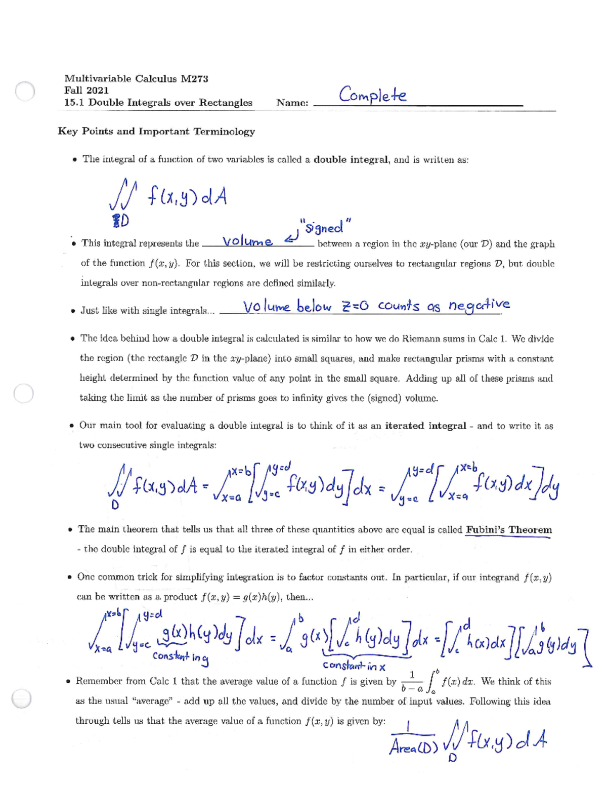 M273 Final Exam Notes: Double Integrals over Rectangles (Sec 15.1 ...