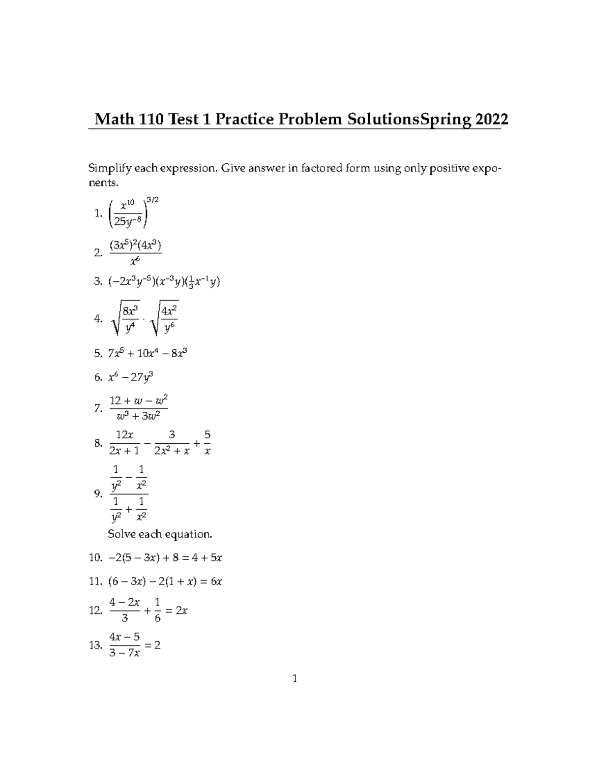 MATH 110 Test 1 Practice Problem Solutions Spring 2022 - Studocu