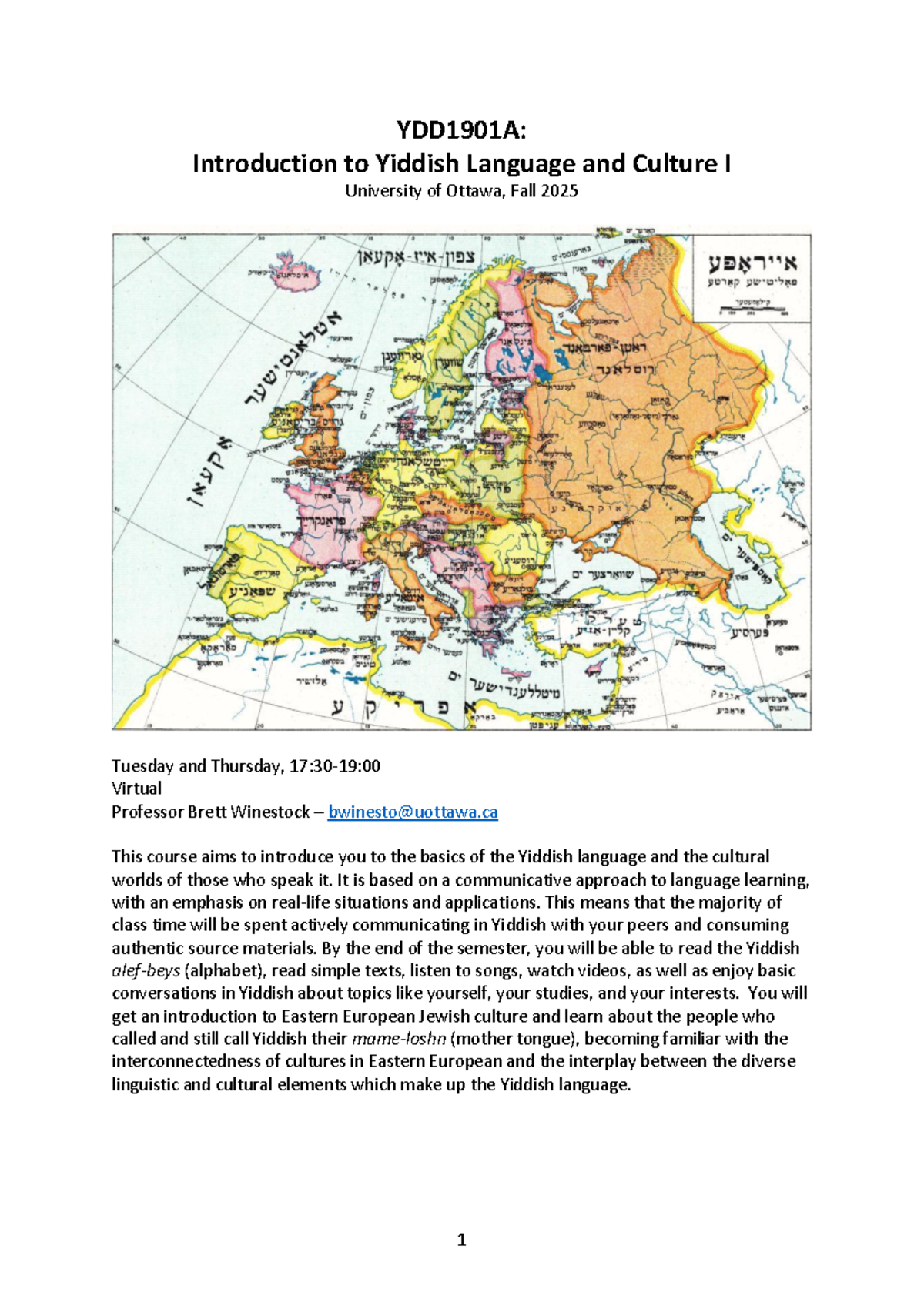 YDD1901A: Syllabus for Introduction to Yiddish Language & Culture I ...