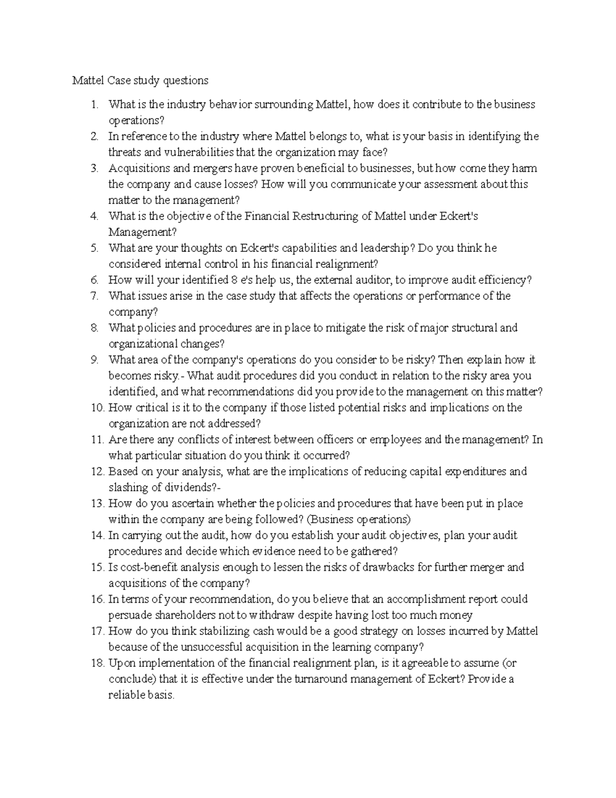 Mattel Case Study Questions for Defense Preparation and Audit Insights ...