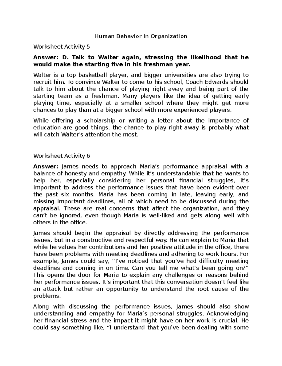Human behavior in organization worksheet activity answers and insights ...