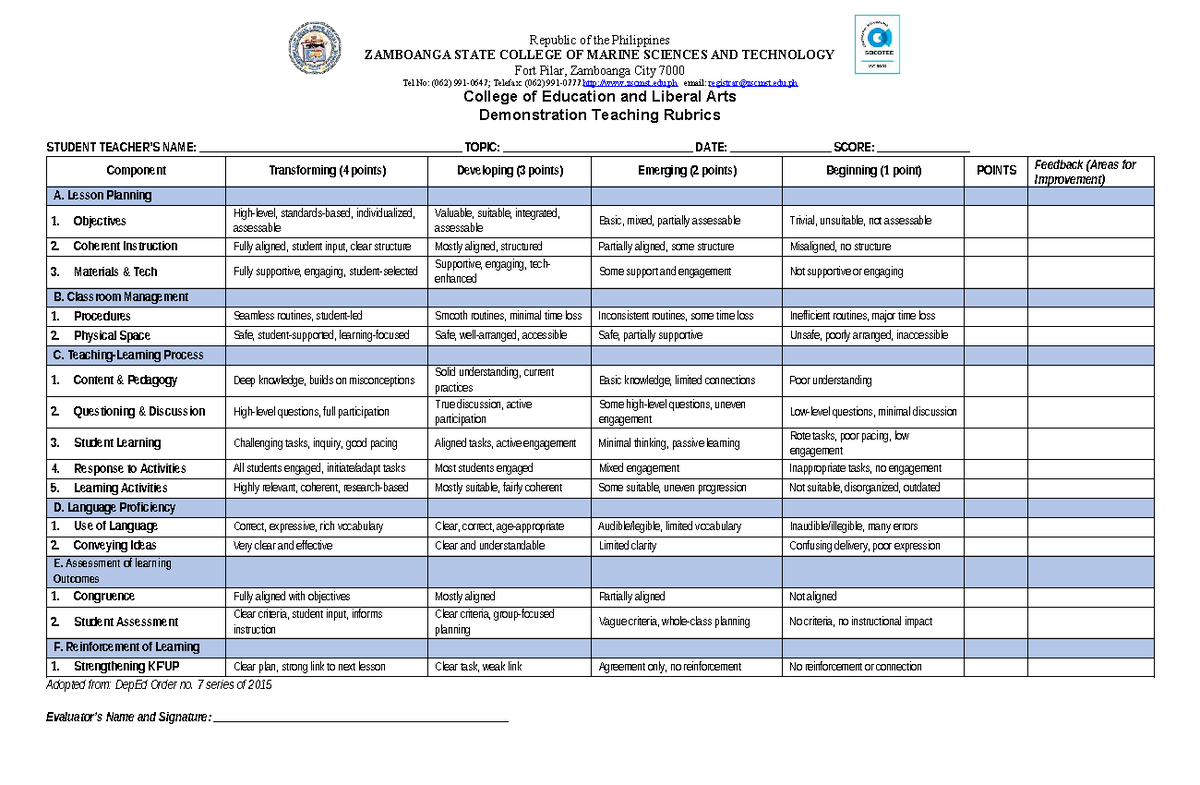 EDLA 101: Simplified Demonstration Teaching Rubric - Studocu