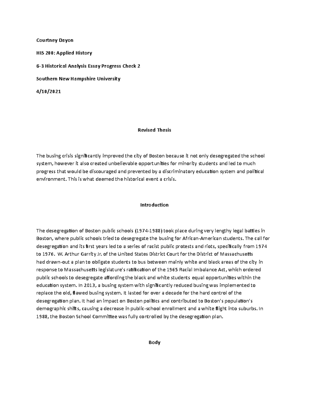 HIS 200: Progress Check 2 on Historical Analysis Essay - Busing Crisis ...