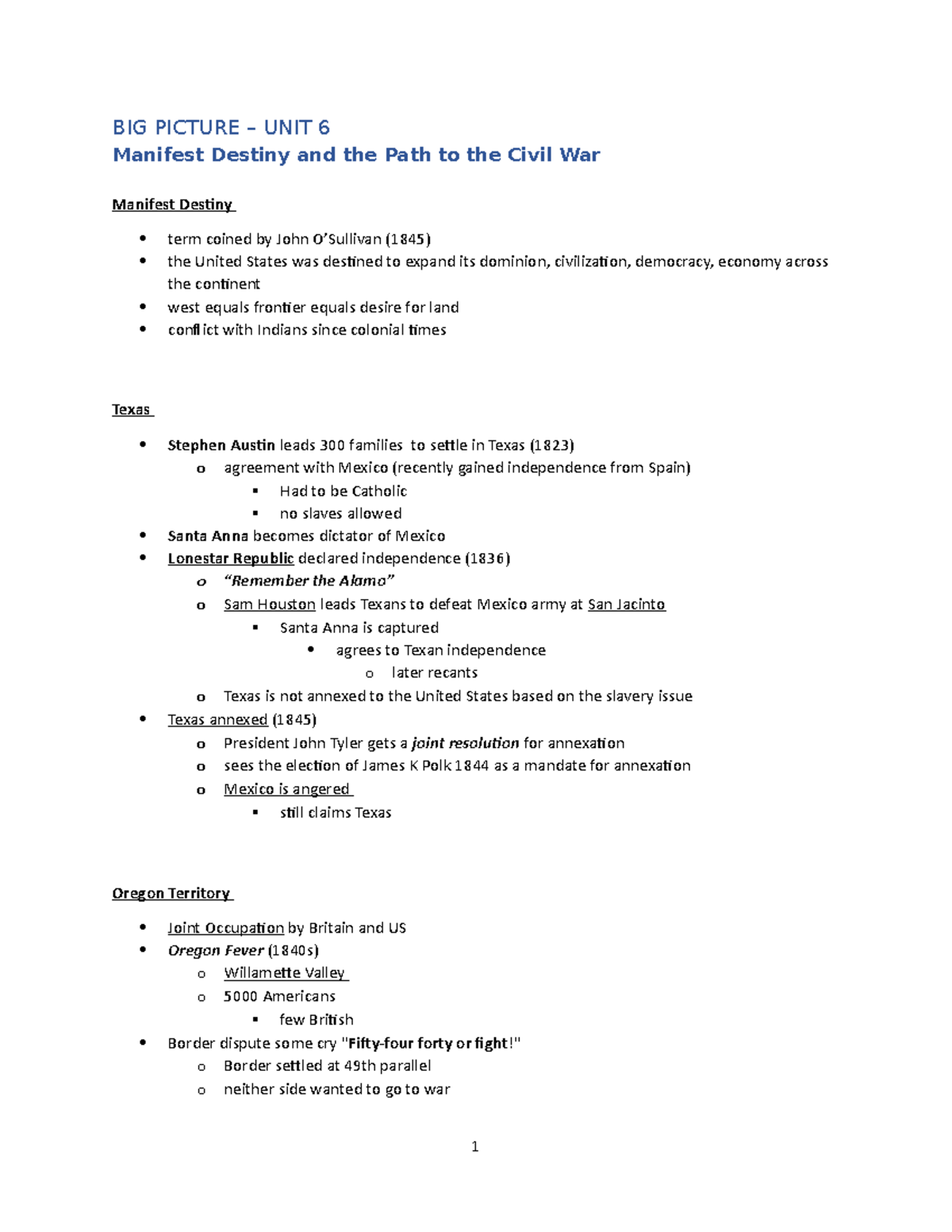 Unit+6+manifest+Desitny+leads+to+civil+war - BIG PICTURE – UNIT 6 ...