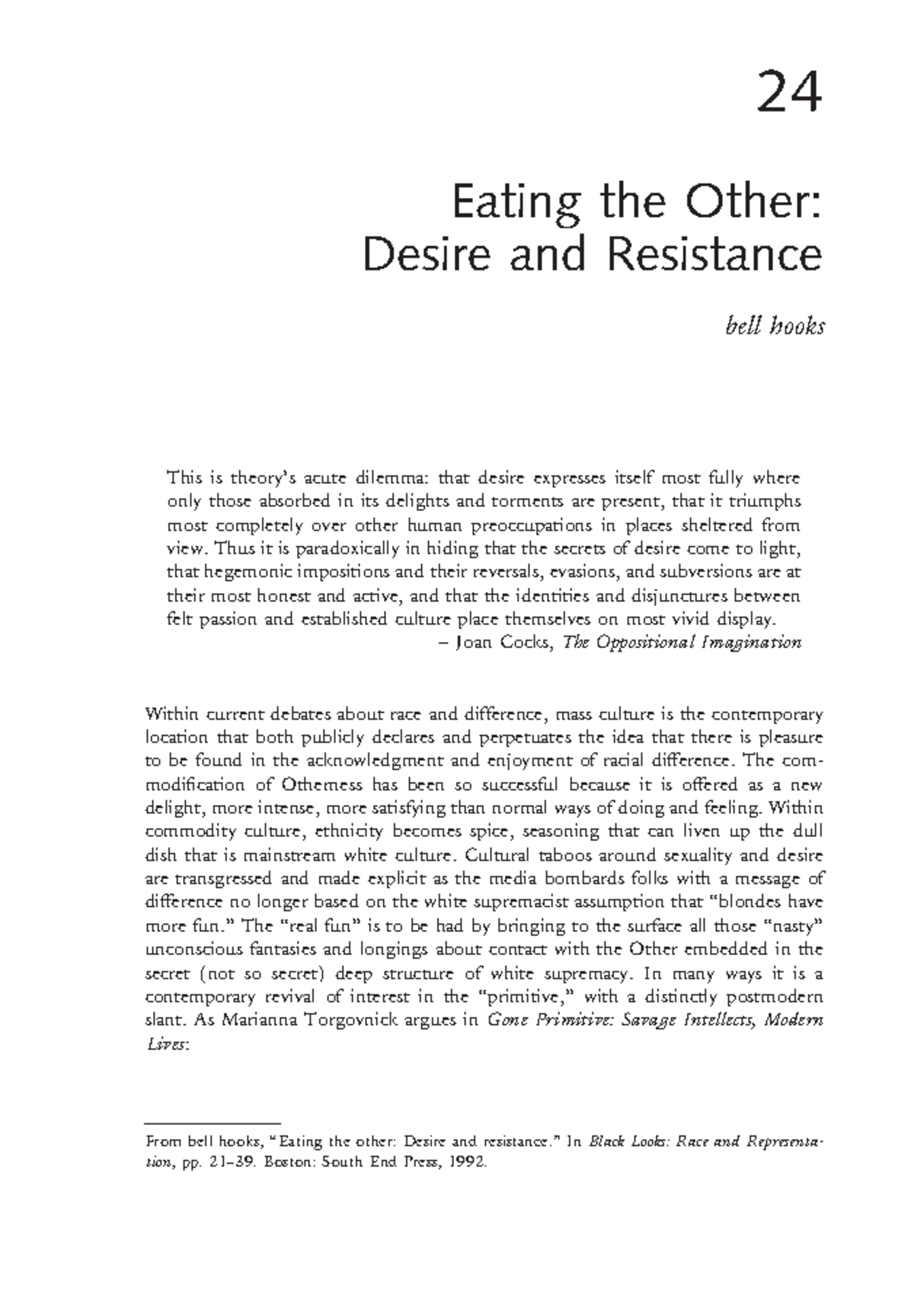 Eating the Other Desire and Resistance in bell hooks' Analysis