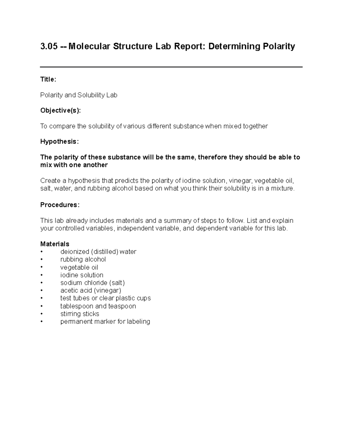 Copy of 3.05 Molecular Structure - 3 - Molecular Structure Lab Report ...