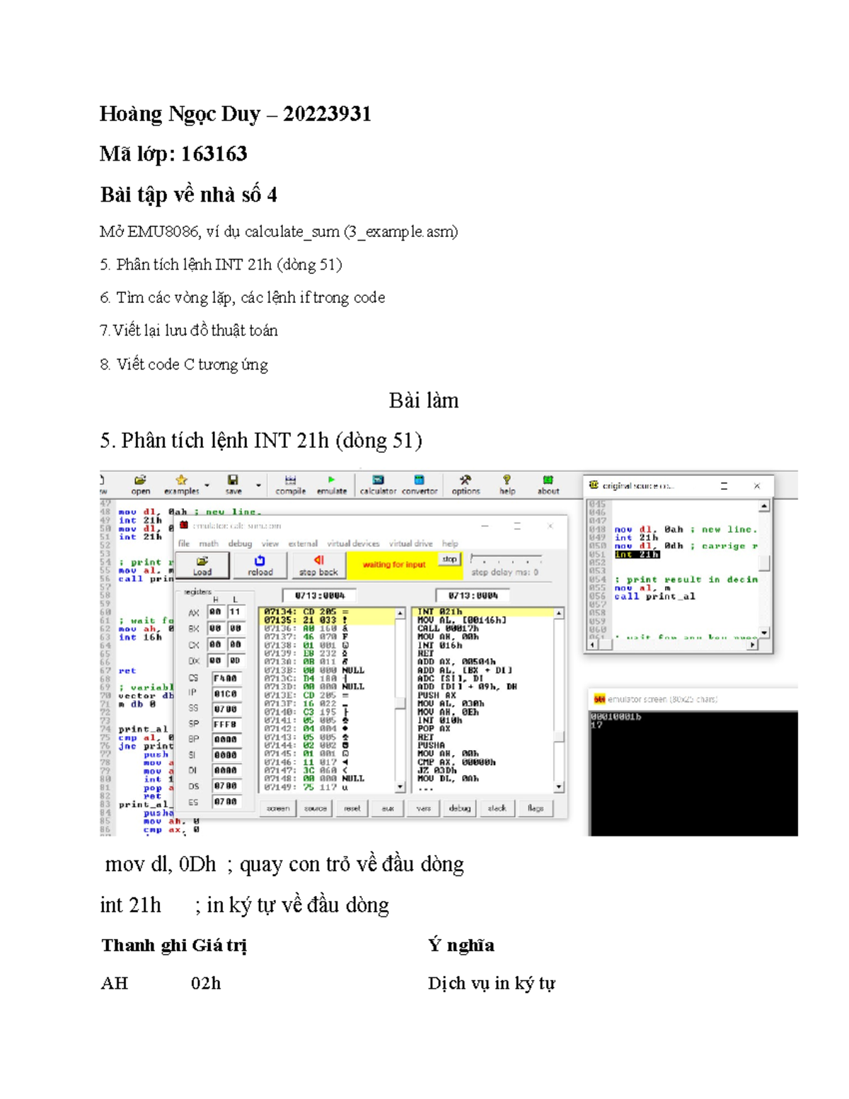 BTVN 4 EMU8086: Phân Tích Lệnh INT 21h và Code C - Studocu