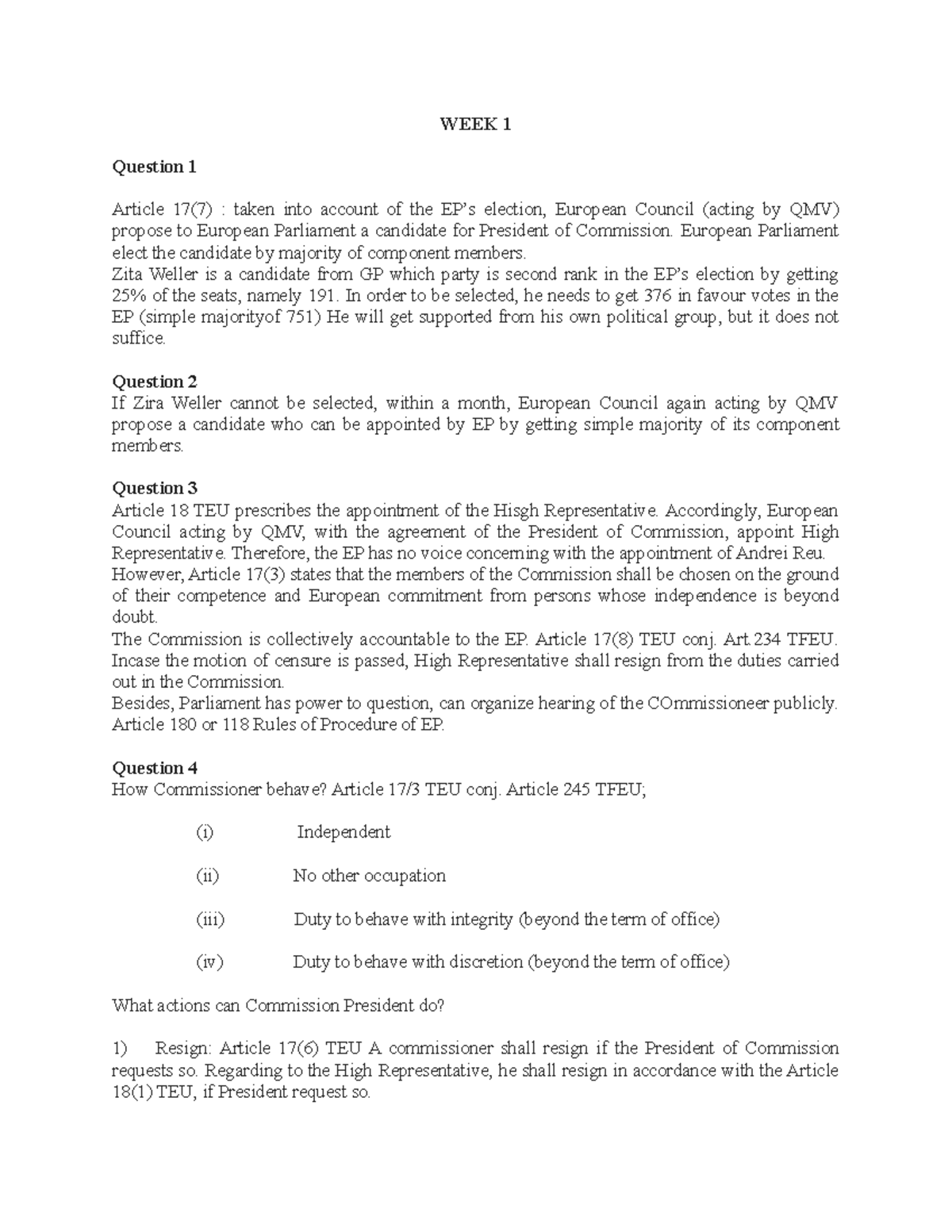 Week 1 - Foundations of European Council & Parliament: Tutorial Notes ...