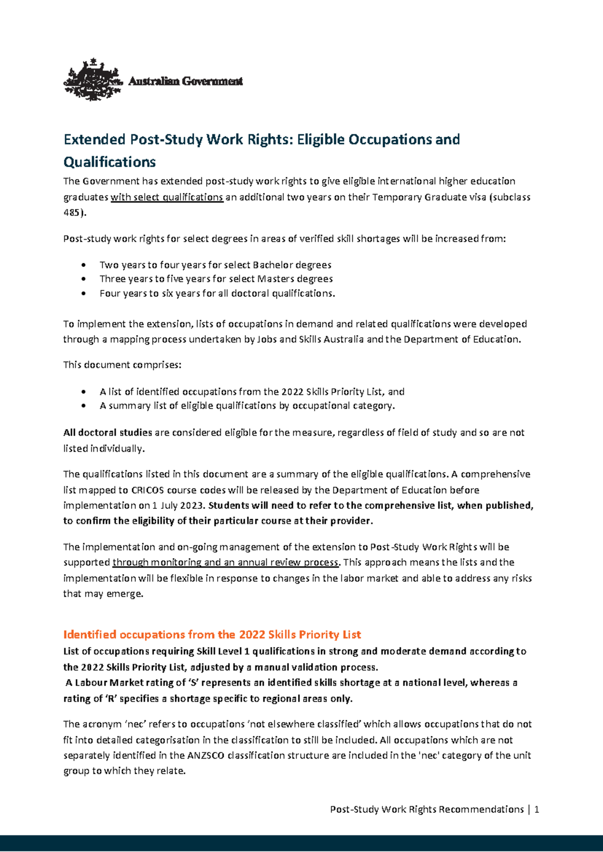 Extended Work Rights: Eligible Occupations & Qualifications (Subclass ...