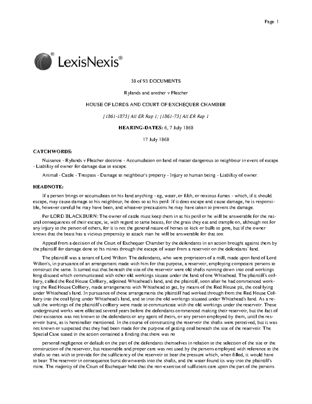 Rylands v Fletcher: An Analysis of Liability in Nuisance Law - Studocu
