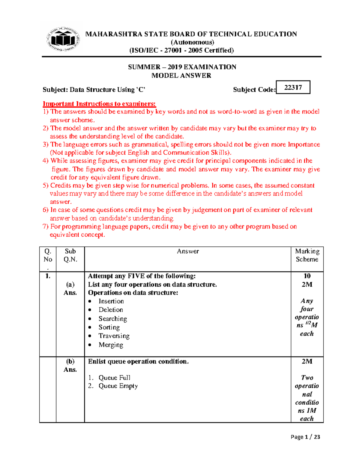 22317 Model Answer Paper Summer 2019 - (Autonomous) (ISO/IEC - 27001 ...
