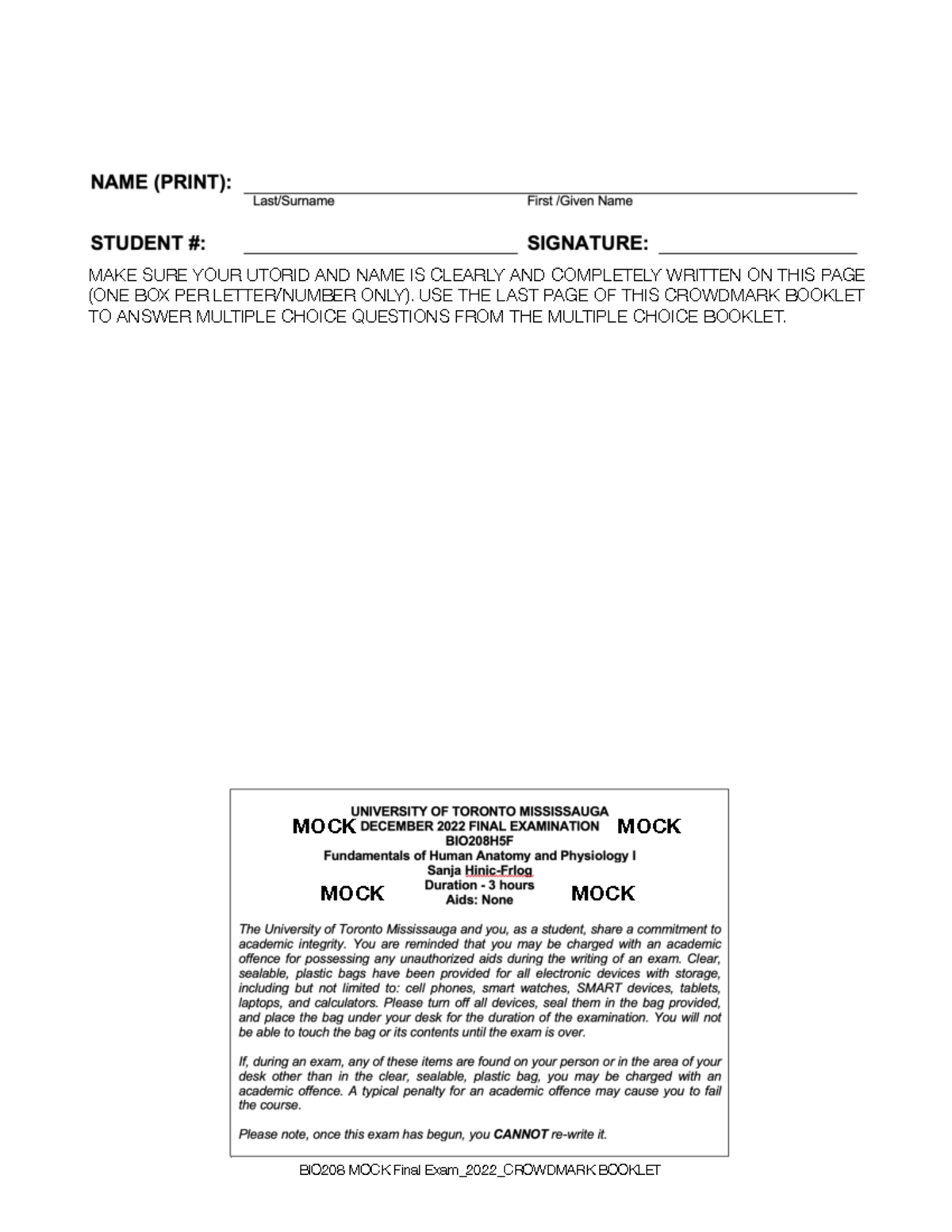 BIO208 Final Exam Mock V2022: Crowdmark Booklet Guide - Studocu