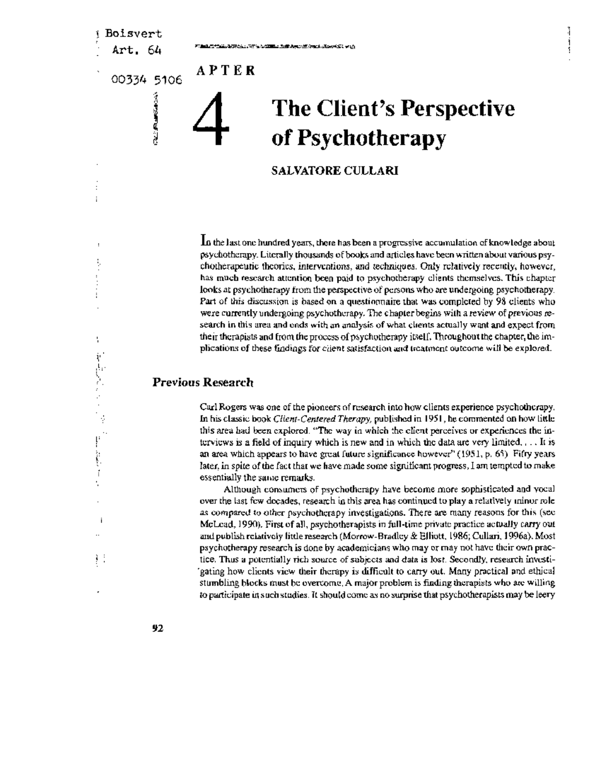 The Client's Perspective on Psychotherapy: Insights from 98 Clients ...