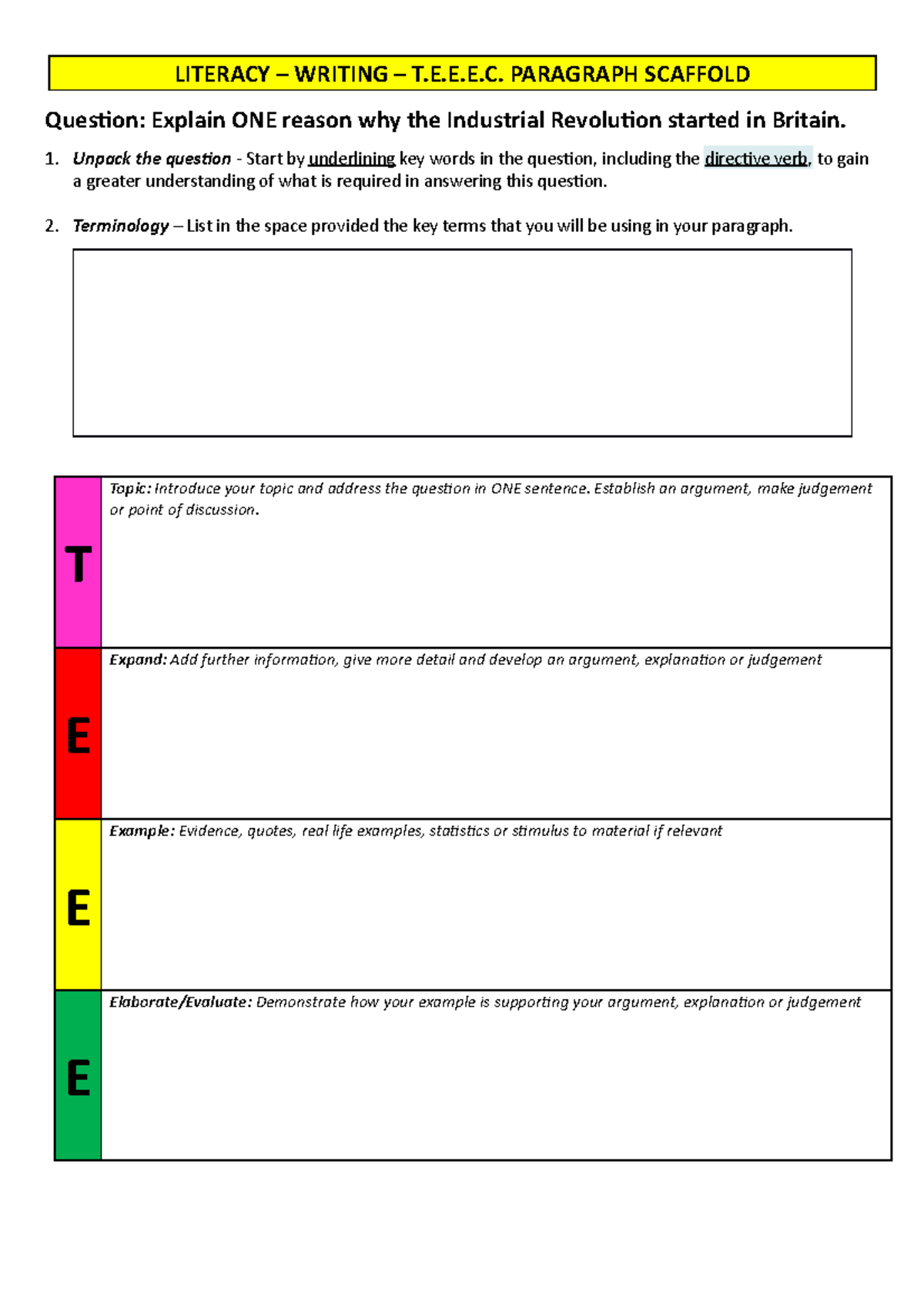 T.E.E.E.C. Paragraph Scaffold: Reasons for Industrial Revolution in ...