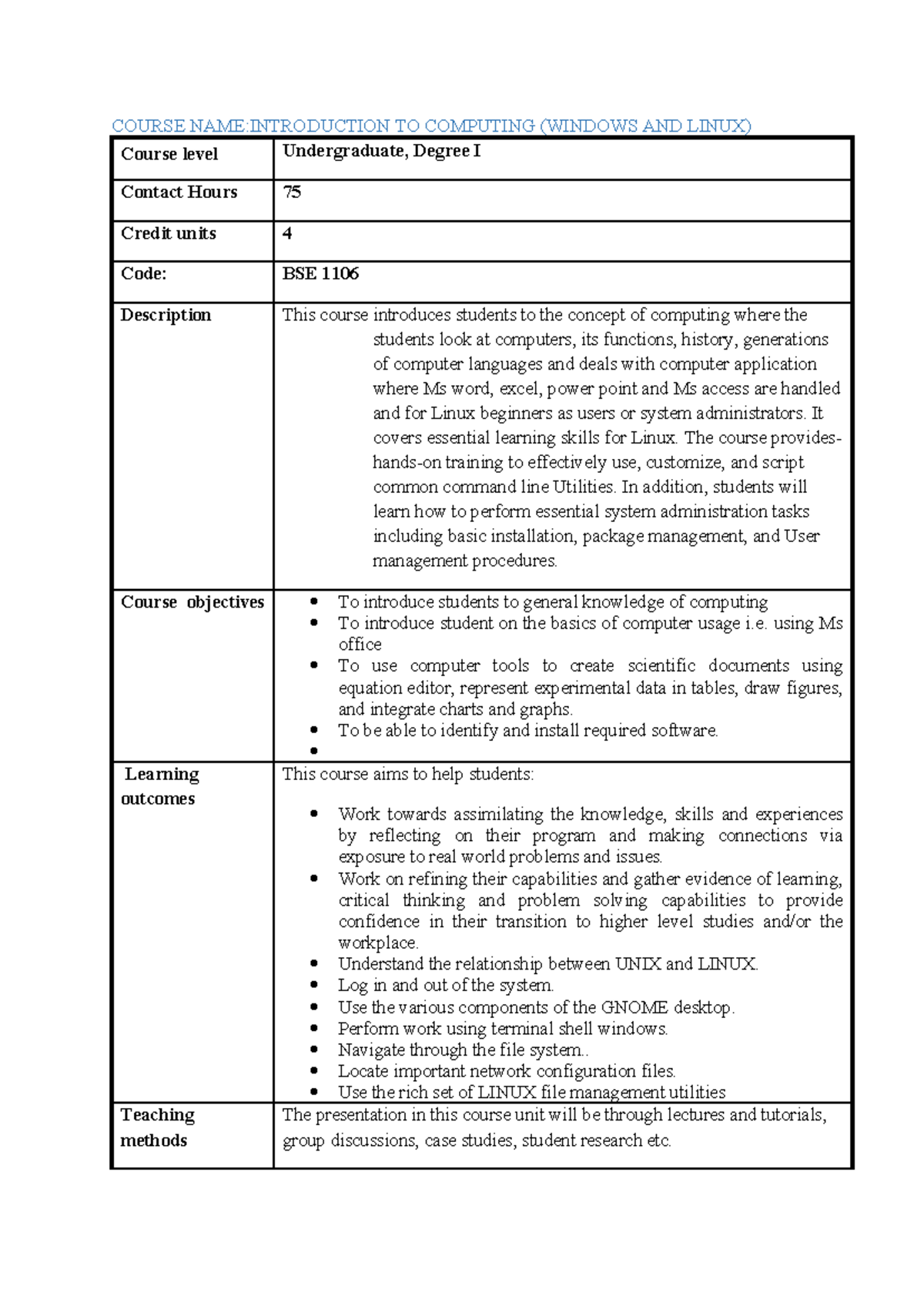 BSE 1106 Introduction to Computing: Windows & Linux Course Outline ...