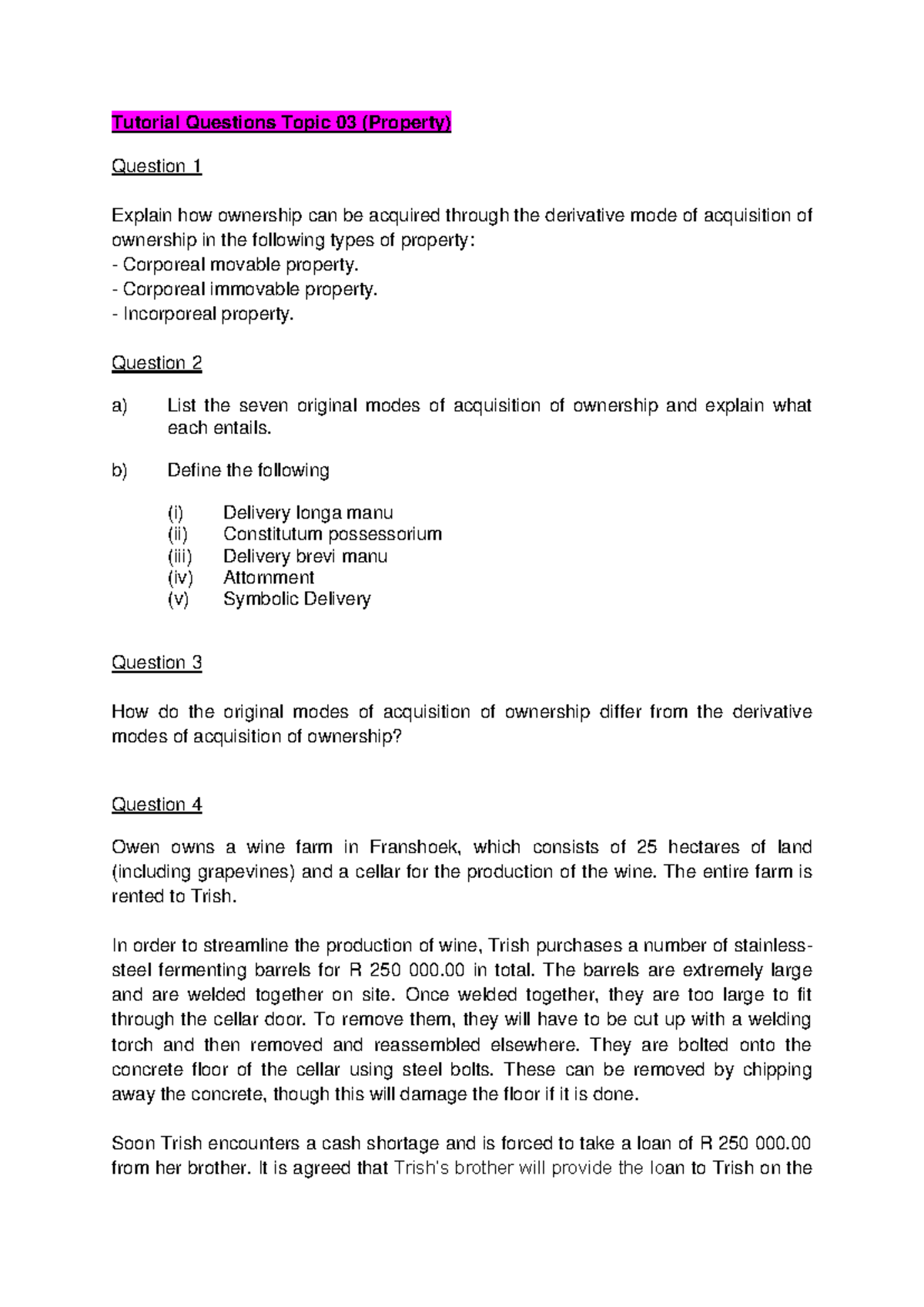 Topic 03 - Property Law Tutorial Questions and Analysis - Studocu