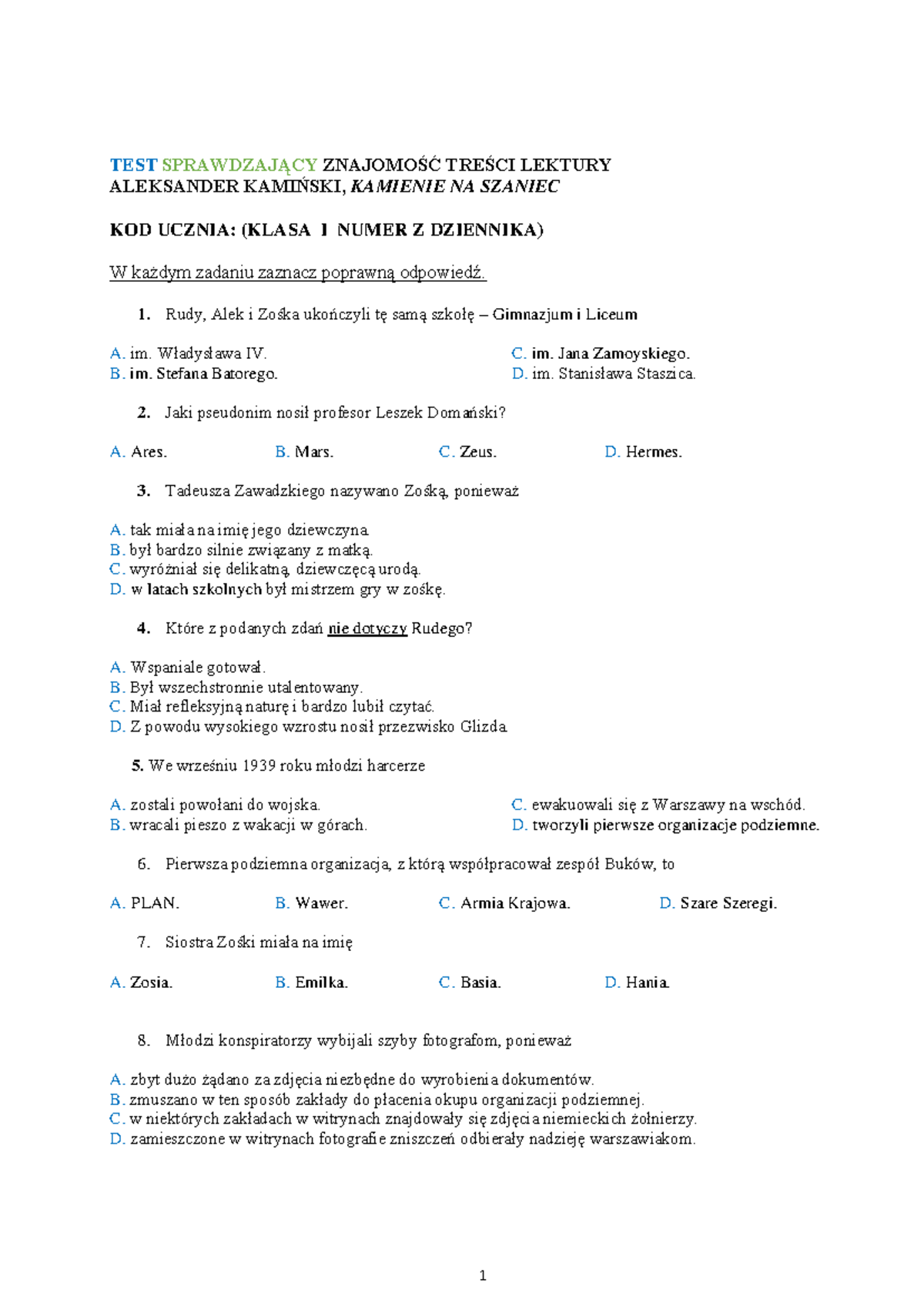 Kamienie Na Szaniec Test Ze Znajomości Lektury www.studocu.com