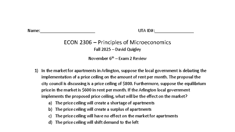 ECON 2306 Fall 2025 Principles of Microeconomics Exam 2 Review - Studocu