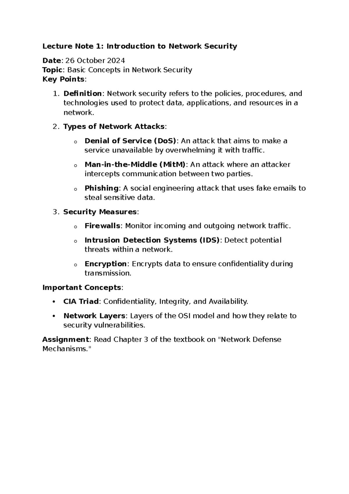 Network Security Lec Notes: Intro to Basic Concepts & Attacks - Studocu