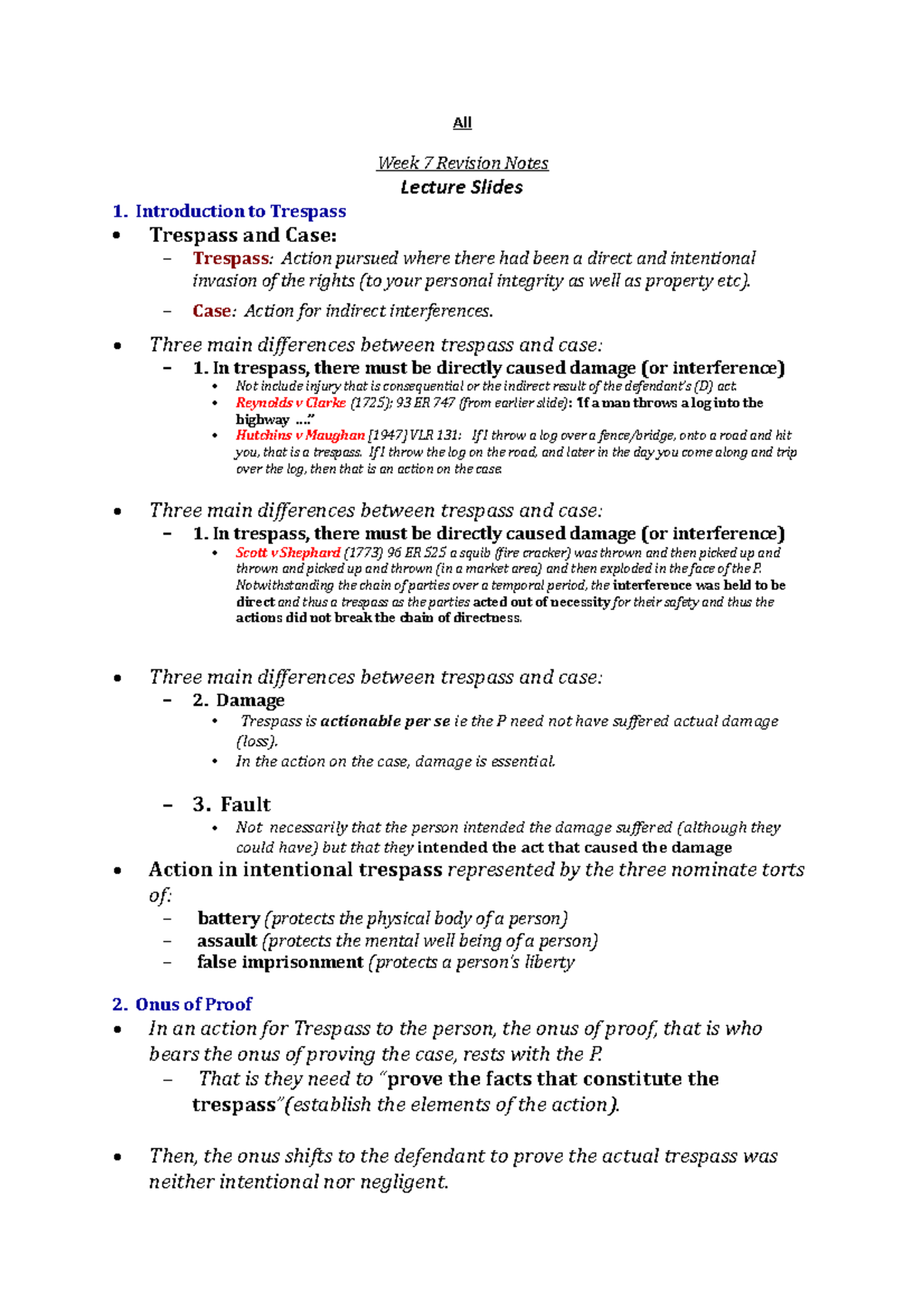 Torts Law Exam Revision - All Week 7 Revision Notes 1. Introduction to ...