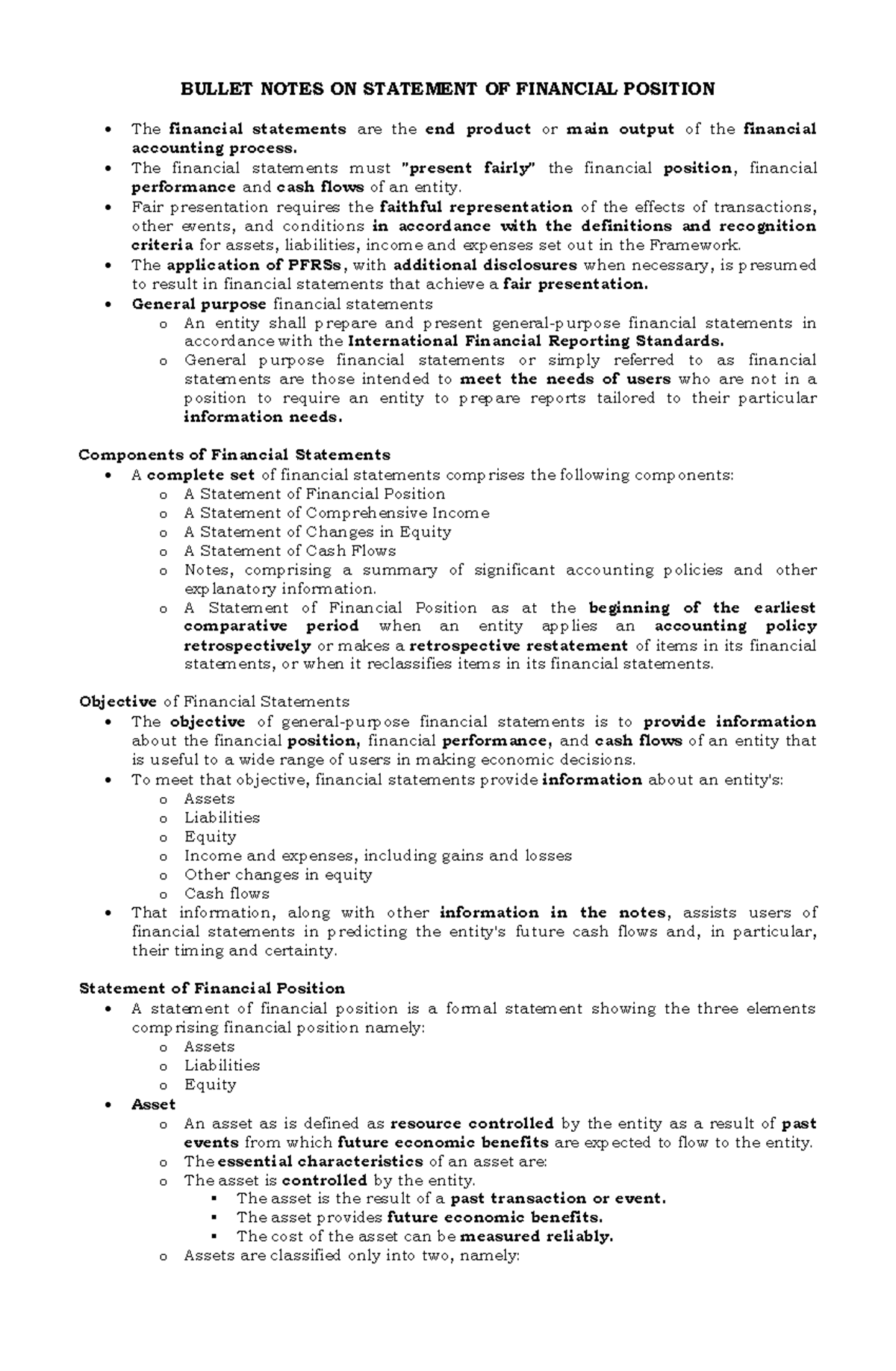 FAR 101 - Bullet Notes on Statement of Financial Position - Studocu