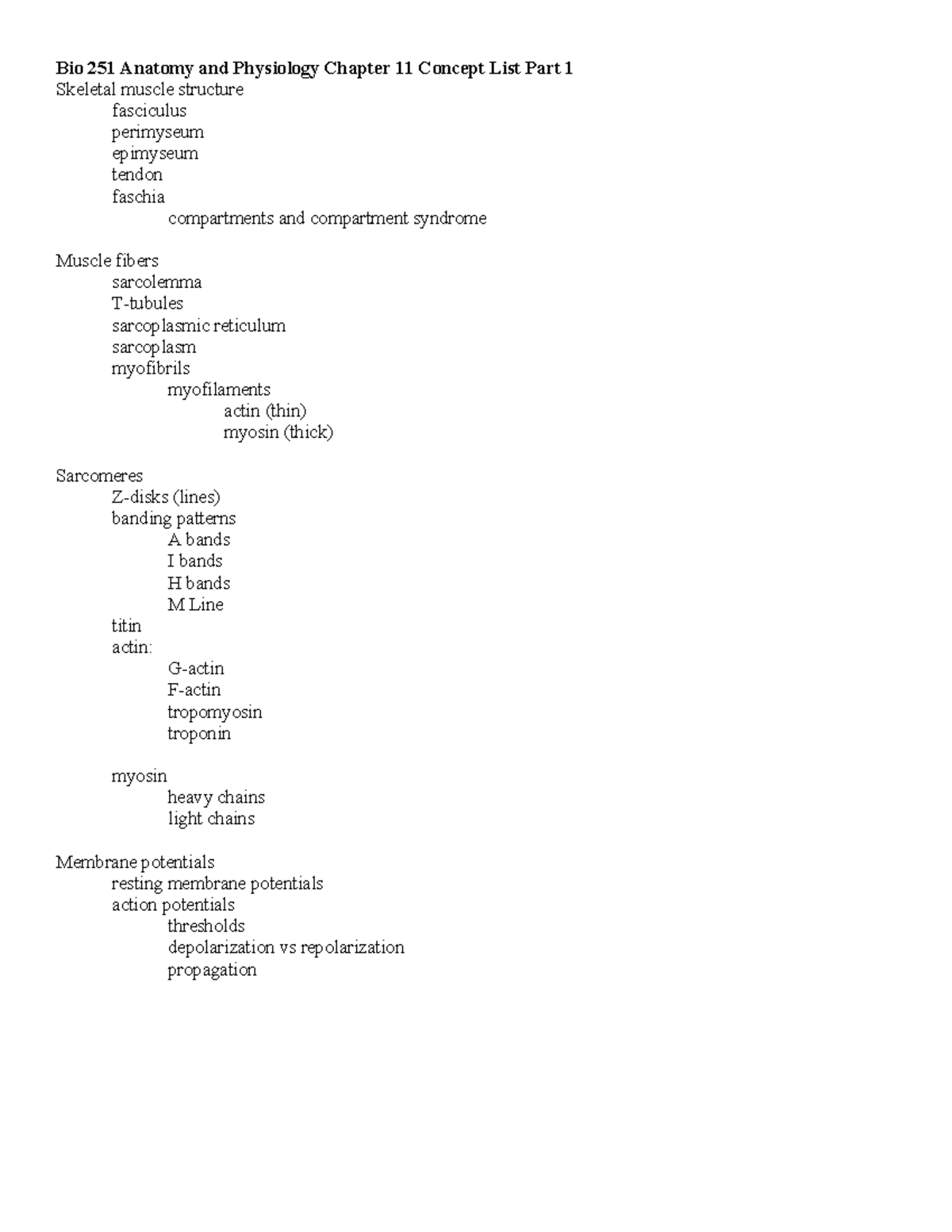 Bio 251 Anatomy & Physiology Chapter 11 Concept List - Skeletal Muscle ...