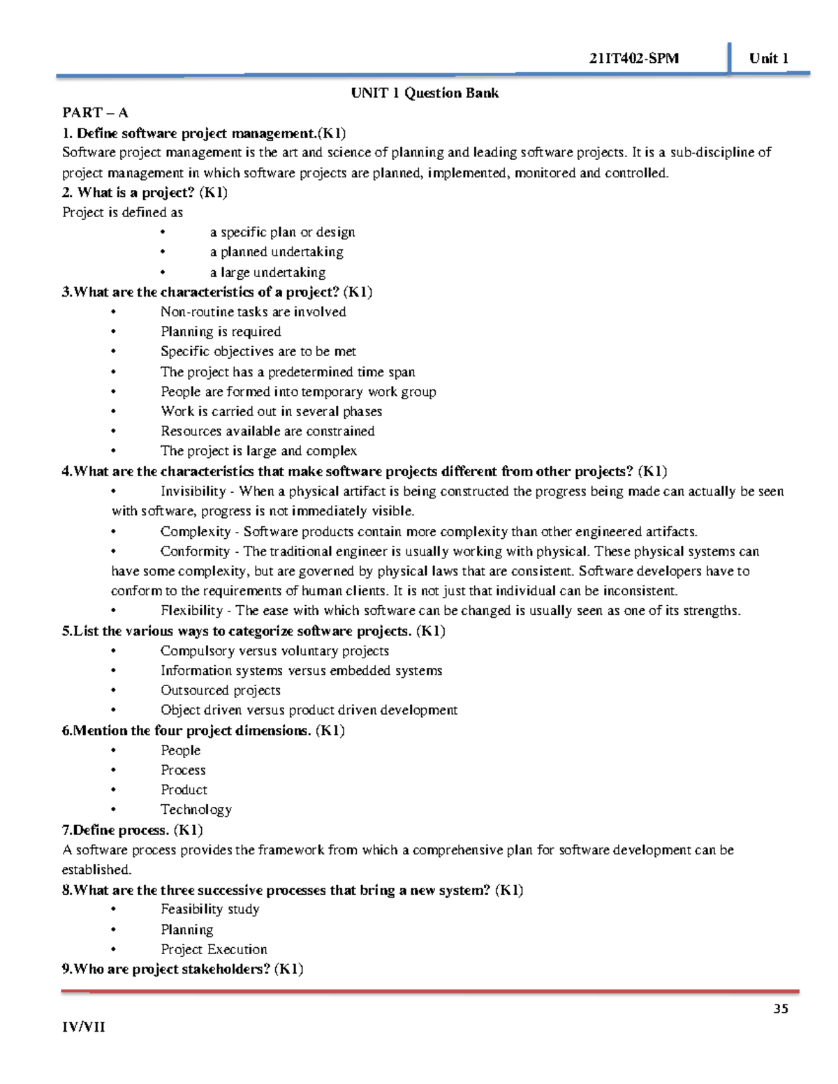 QB 1 - Documents - 35 UNIT 1 Question Bank PART – A Define software ...