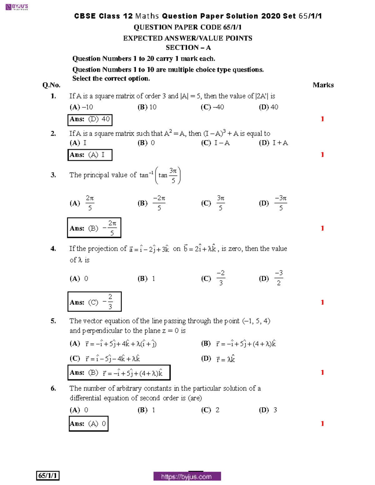 CBSE Class 12 Maths Question Paper Solution 2020 Set 65 1 1 - QUESTION ...