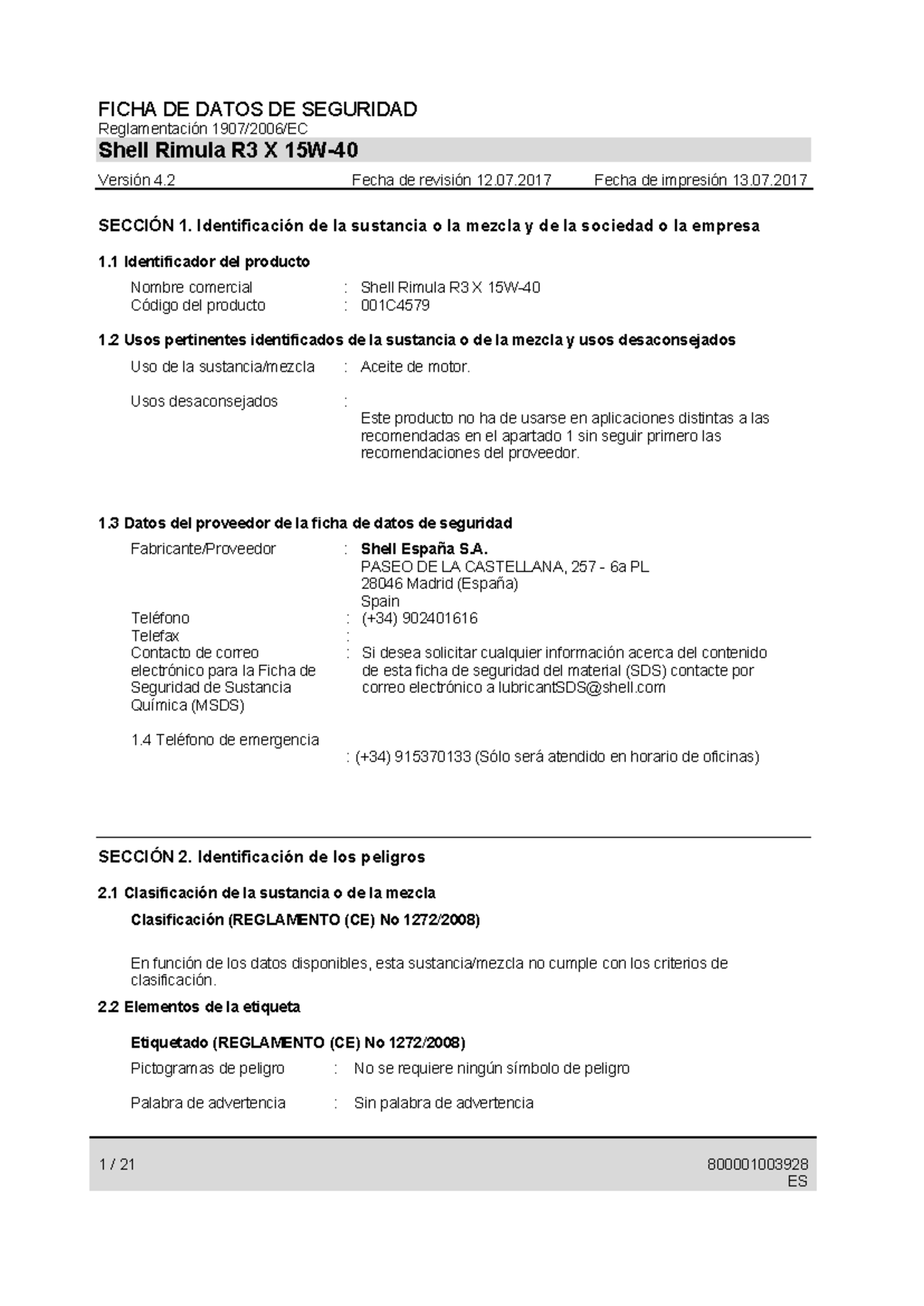 HDS Shell Rimula R3-MV 15W-40: Ficha de Seguridad y Regulación - Studocu