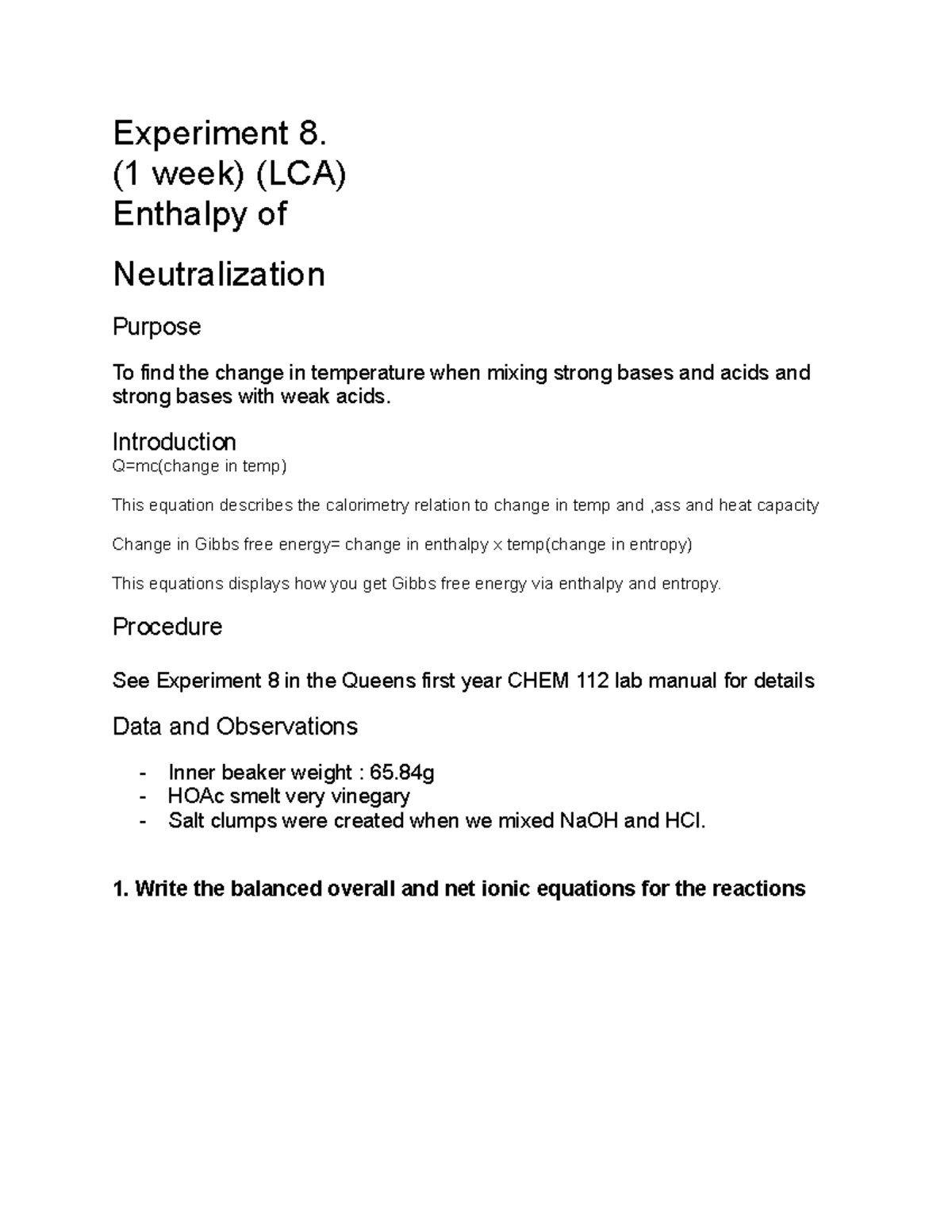 Lab 9: Enthalpy of Neutralization - CHEM 112 - Experiment Details - Studocu