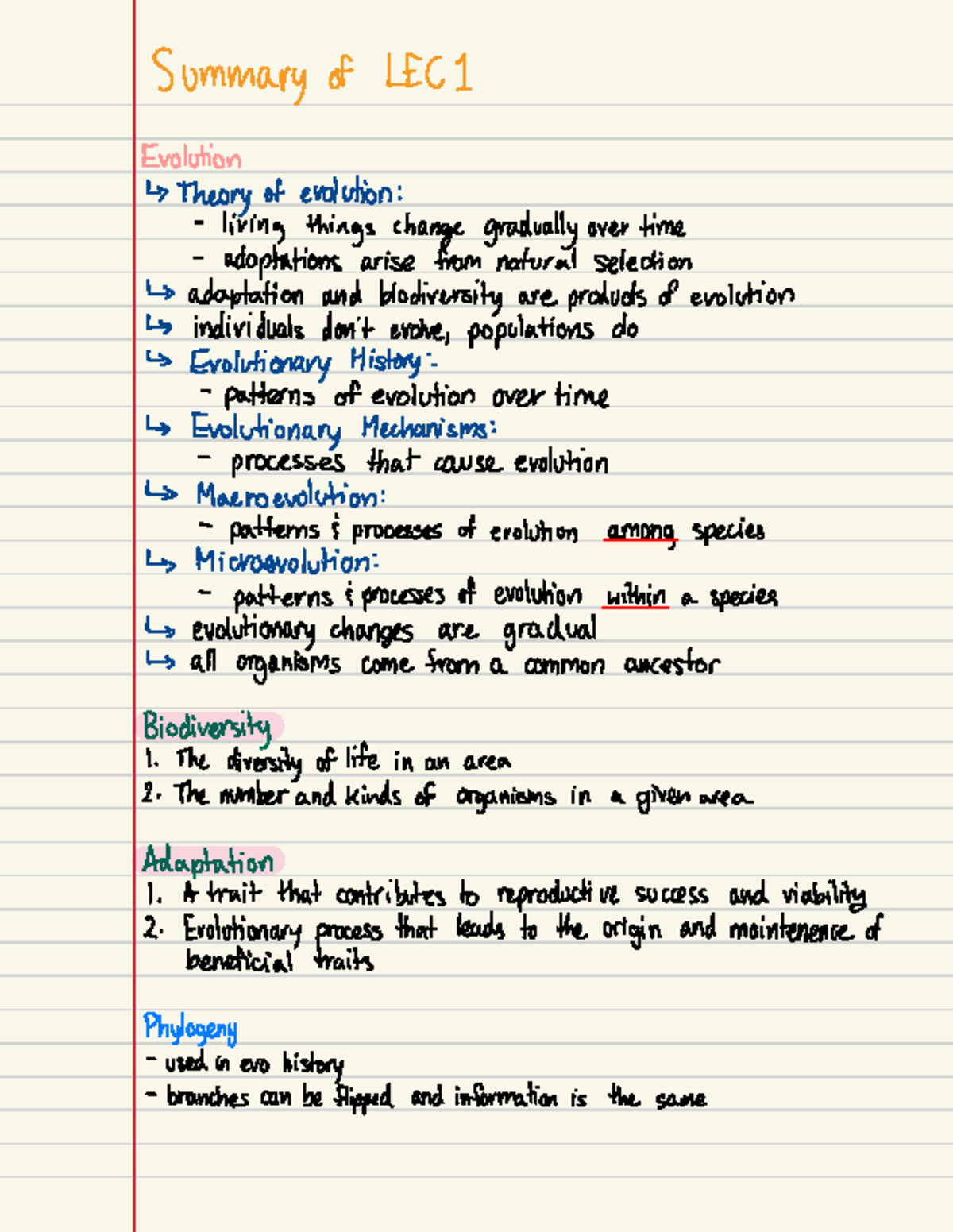 BIO120 Lecture 1 Summary - Summary of LEC Evolution Theory of evolution ...