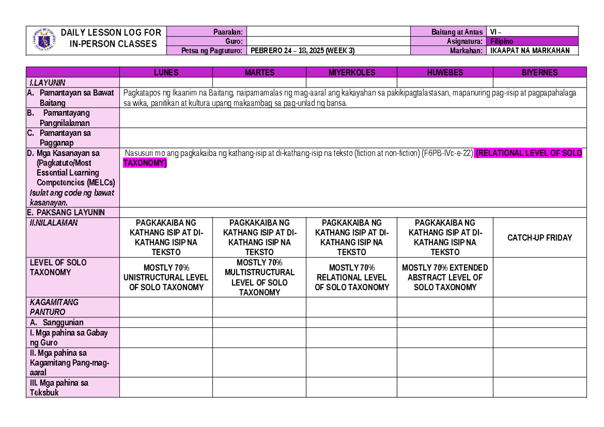 Q4 Filipino DLL WEEK 3 - Daily Lesson Log for Grade 6 - Studocu