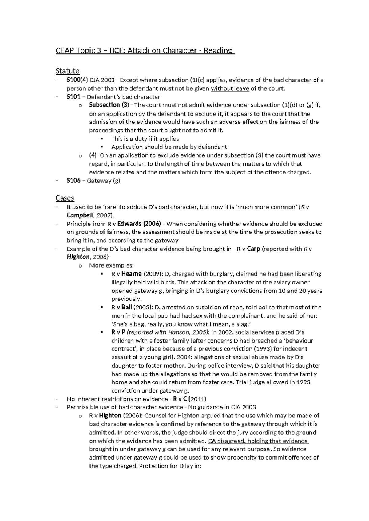 CEAP Topic 3 – BCE: Analysis of Character Evidence in Law - Studocu
