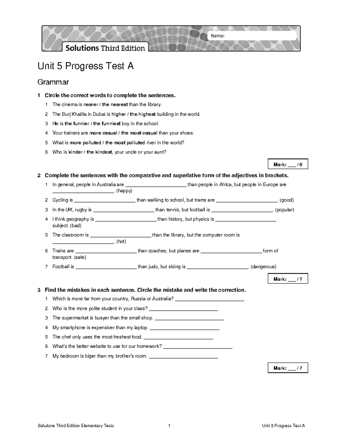 Unit 5 Progress Test A - Grammar & Vocabulary Solutions (Sol3e Elem ...