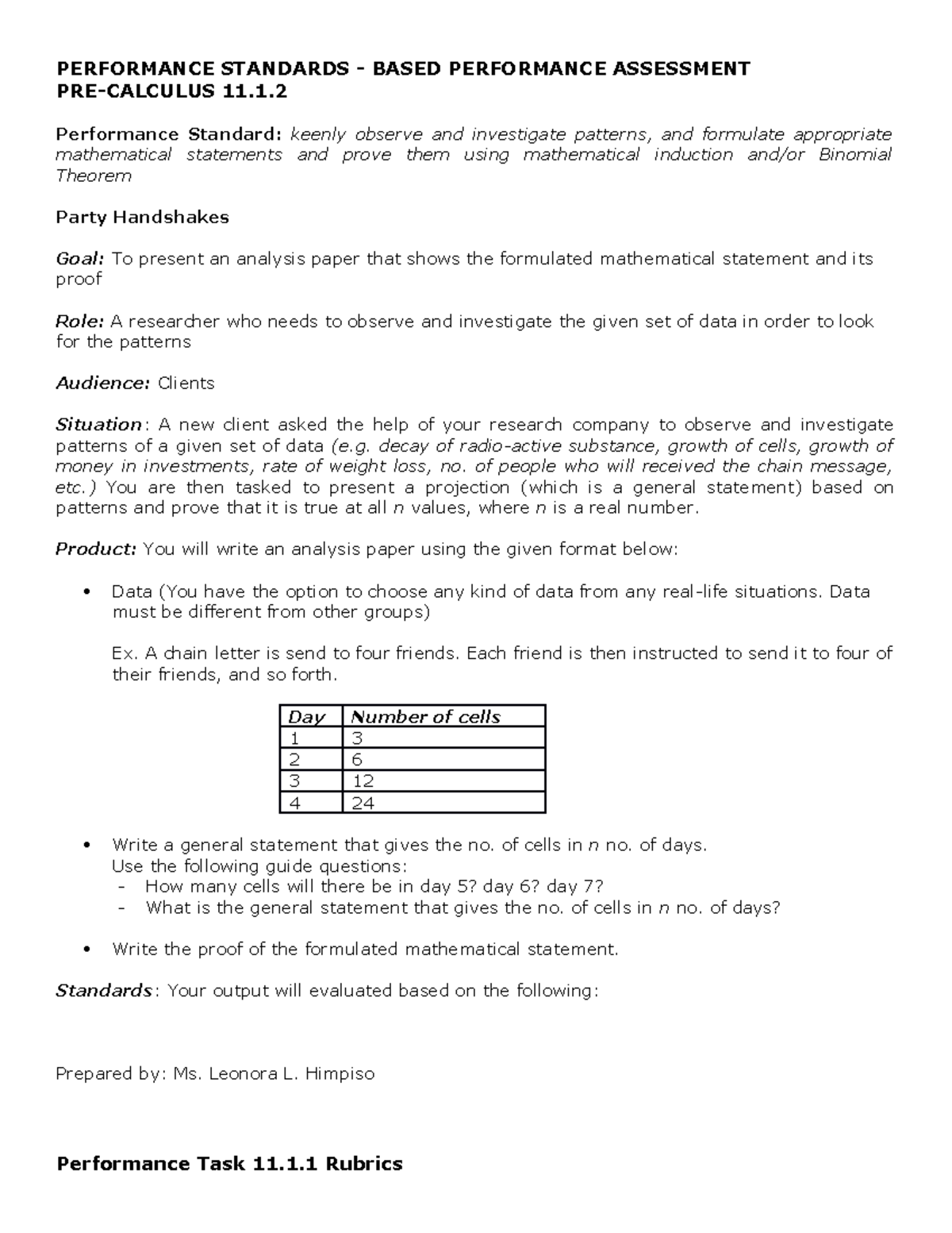 Pre-Calculus 11 - Sample Performance Task - PERFORMANCE STANDARDS ...