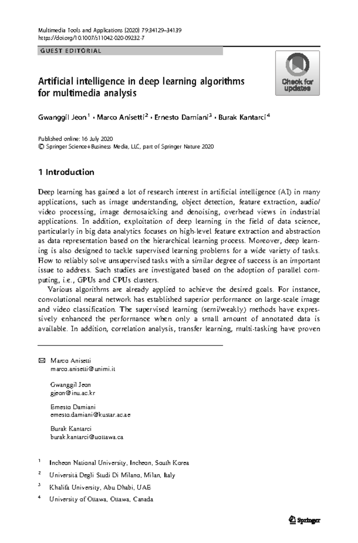 AI in Deep Learning Algorithms for Multimedia Analysis (S11042 020 ...