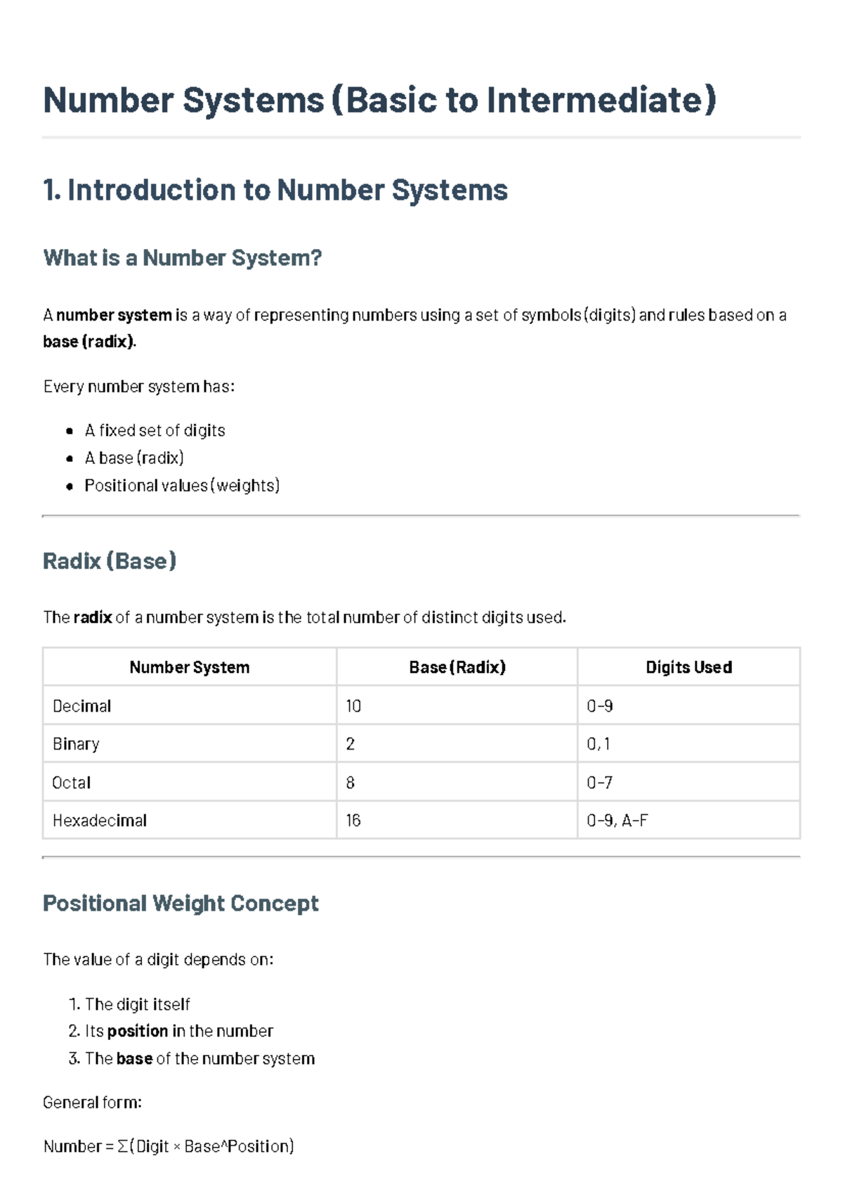 Number Systems (Basic to Intermediate) - Overview and Concepts - Studocu