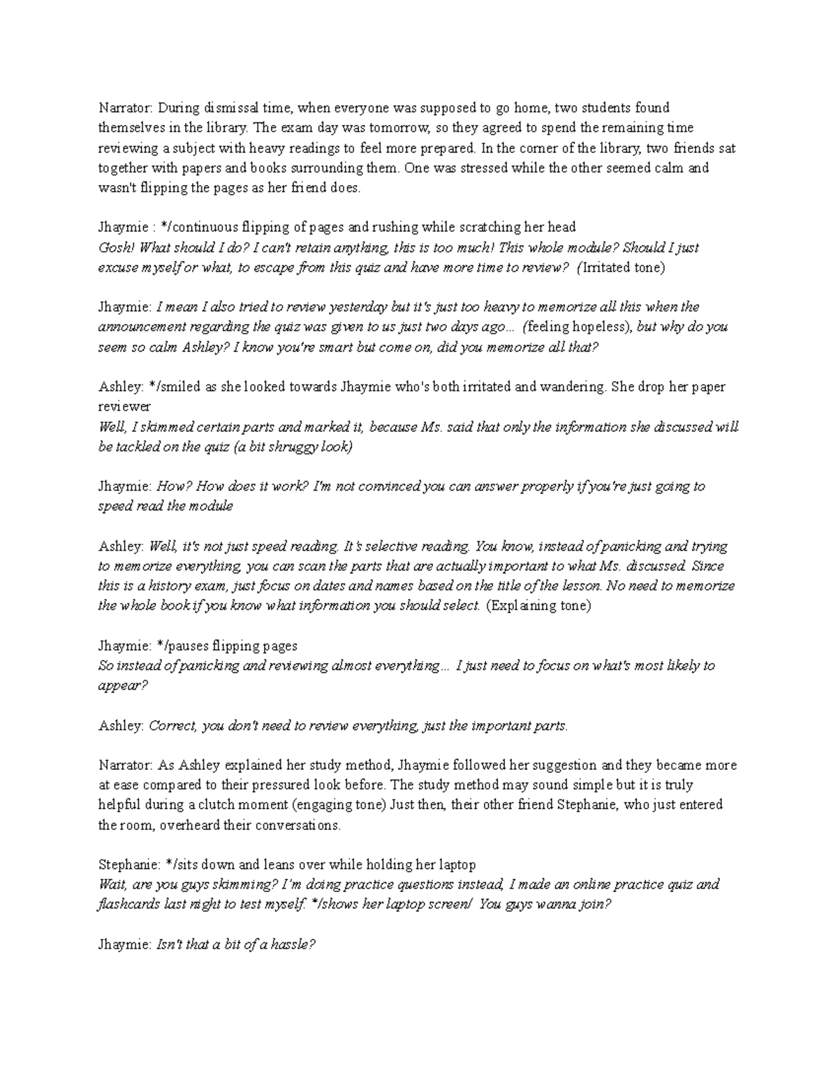TASK Communication - Roleplay Script for Study Strategies - Studocu