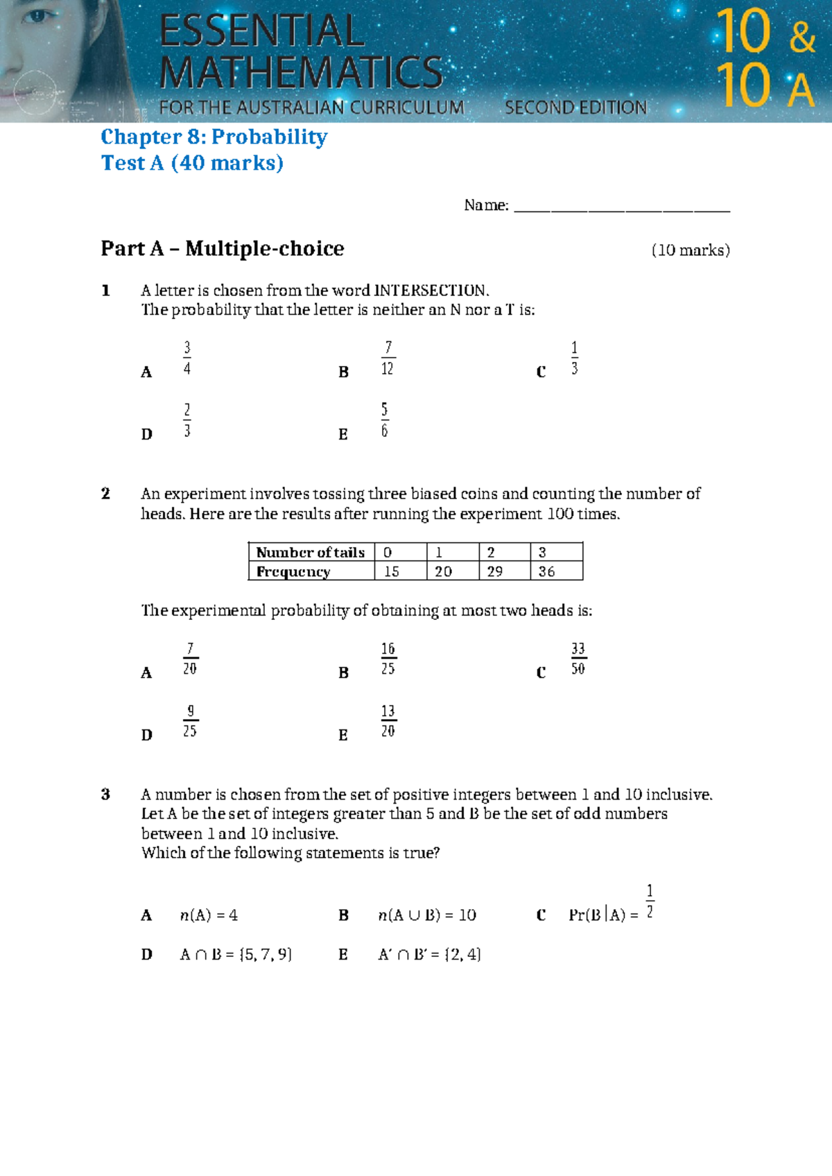 Chapter 8: Probability Test A (40 Marks) - Study Guide - Studocu