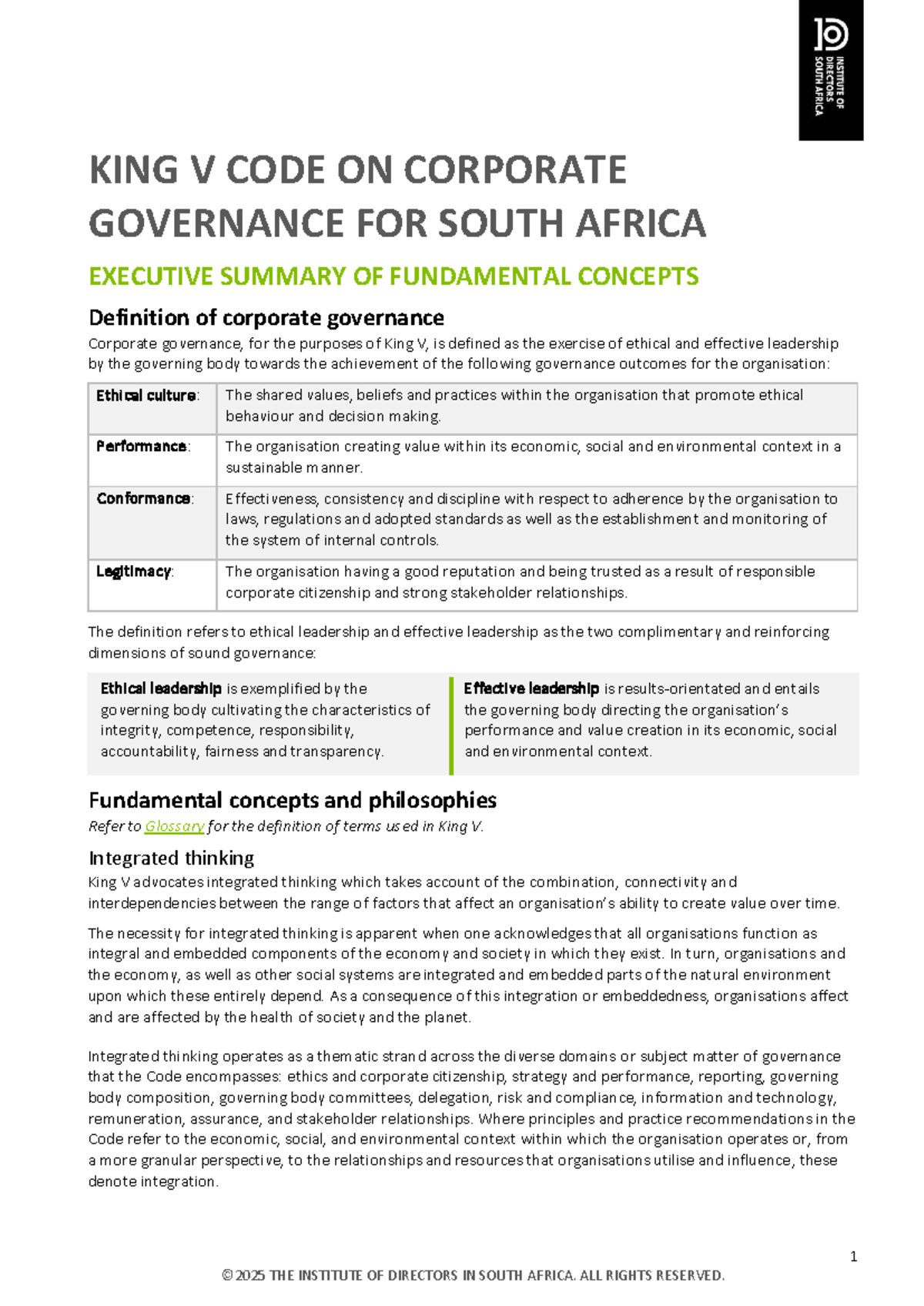 King V Code on Corporate Governance: Executive Summary & Principles ...