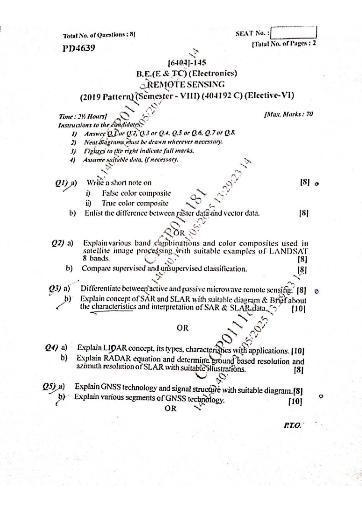 B.E. (E TC) Remote Sensing Midterm Exam PD4639 - 2019 Pattern - Studocu