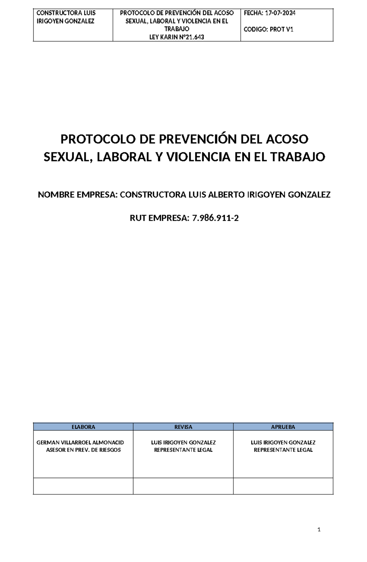 Protocolo de prevencion del acoso sexual, laboral y la violencia en el ...